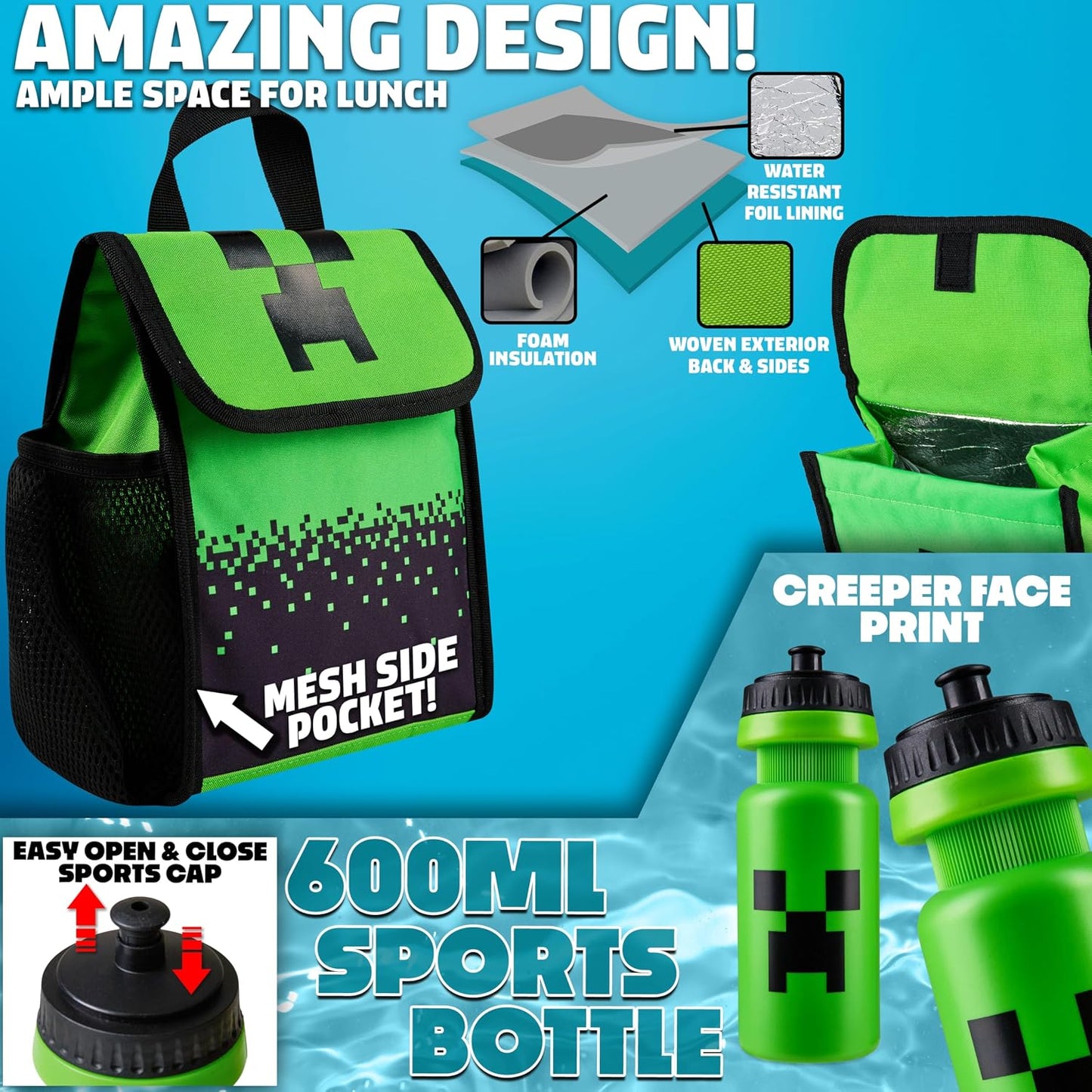 Minecraft Schulrucksack-Set, Grün Rucksack-Set 5-teilig