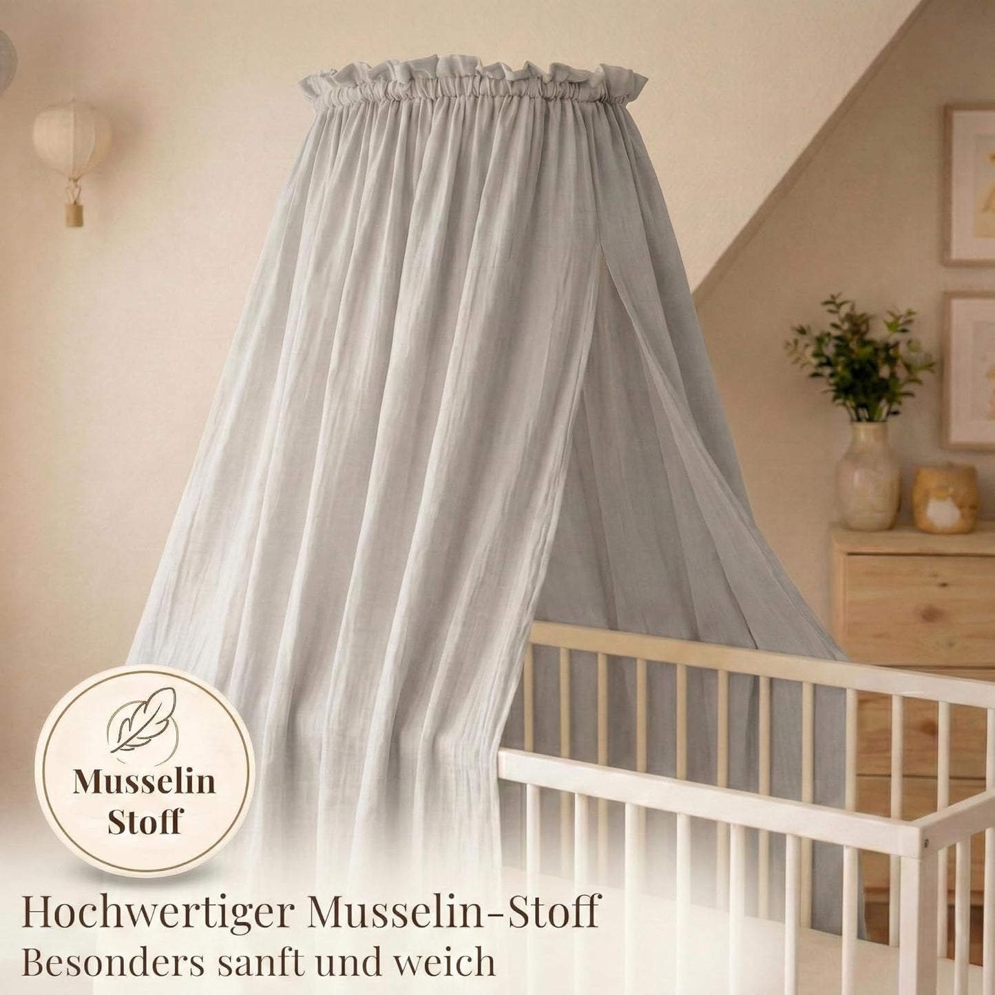 Betthimmel-Set für Babybett, montierbarer Ständer + Stoff hellgrey