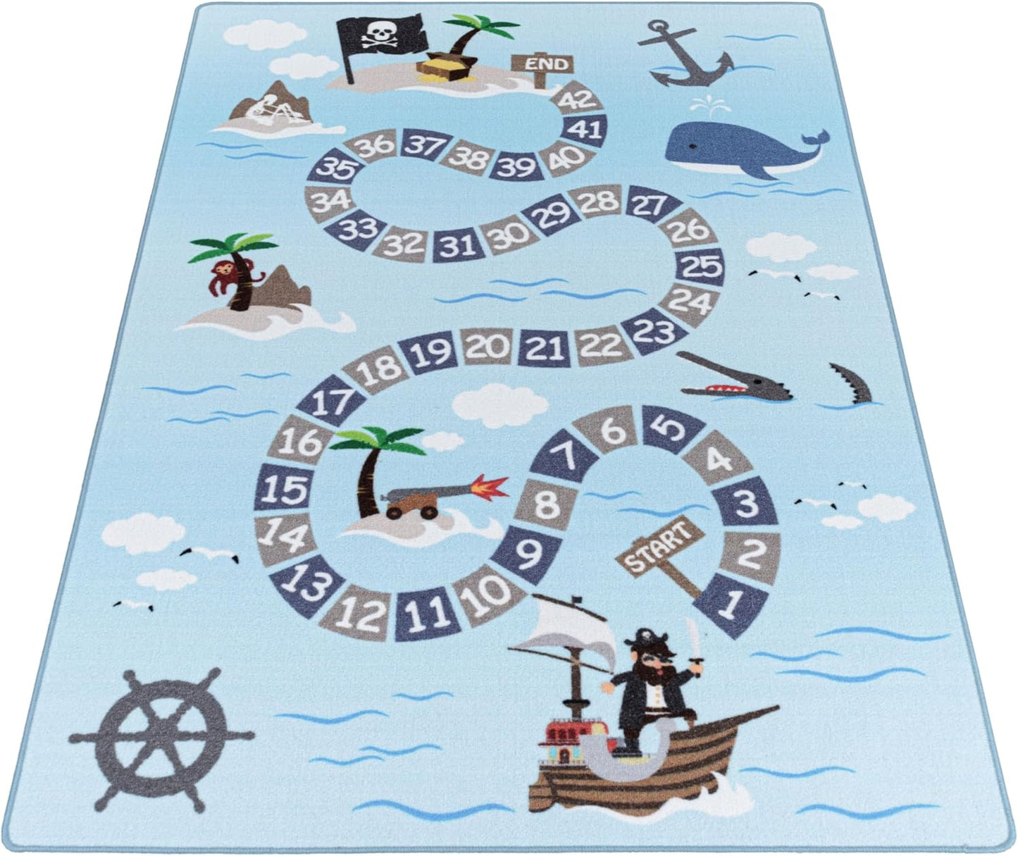 Kinderteppich Lernmatte mit Zahlen und Piratenmotiv, 100 x 150 cm (Rechteckig) Blau-2