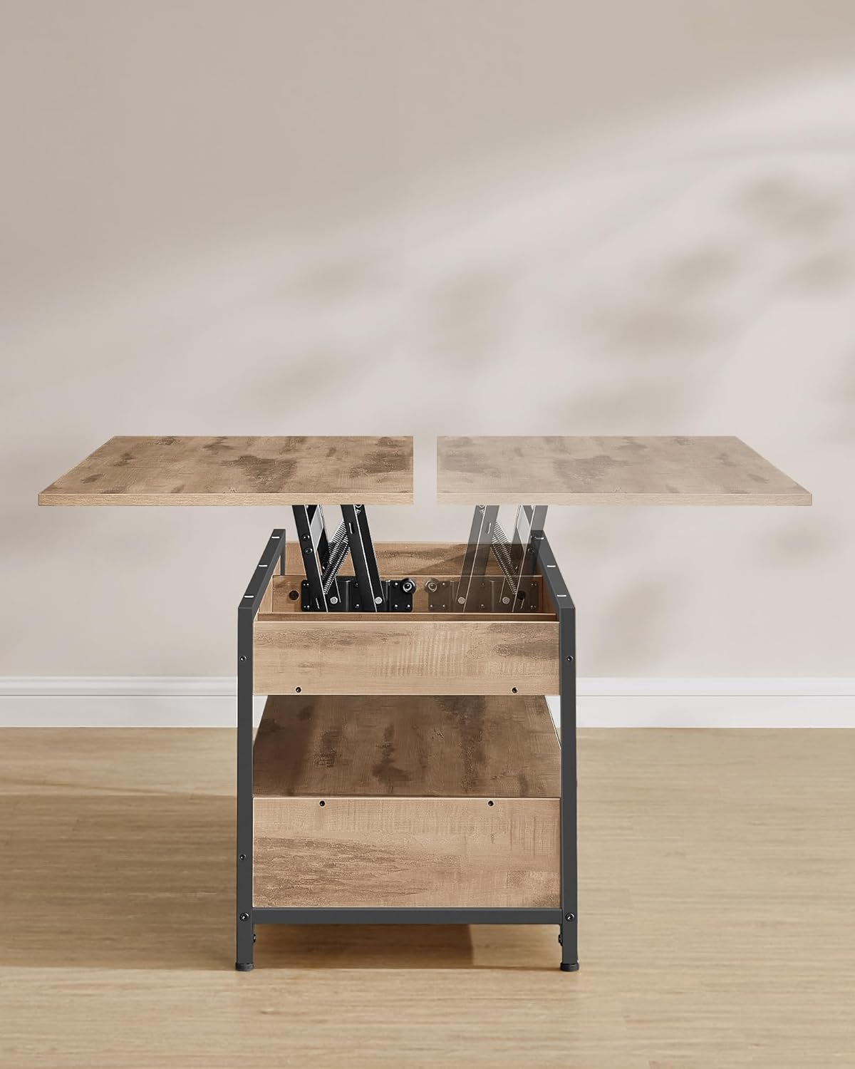Höhenverstellbarer Couchtisch mit Schubladen und Fach, 50 cm x 120 cm Kamelbraun + Tintenschwarz