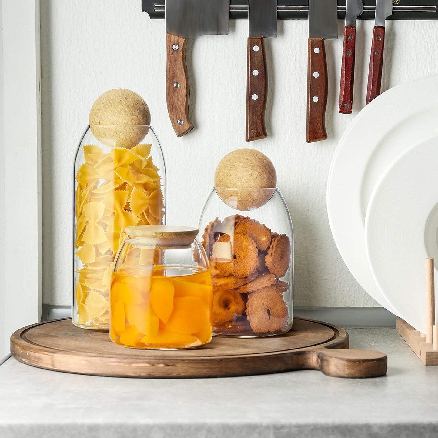 3-teiliges Vorratsgläser-Set mit Korkdeckeln, Zylinder mit Deckel