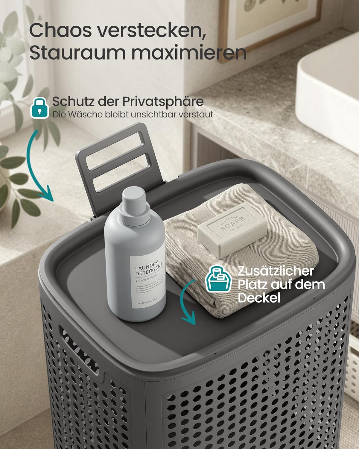 Platzsparender Wäschekorb mit Deckel, 75 L Dunkelgrau