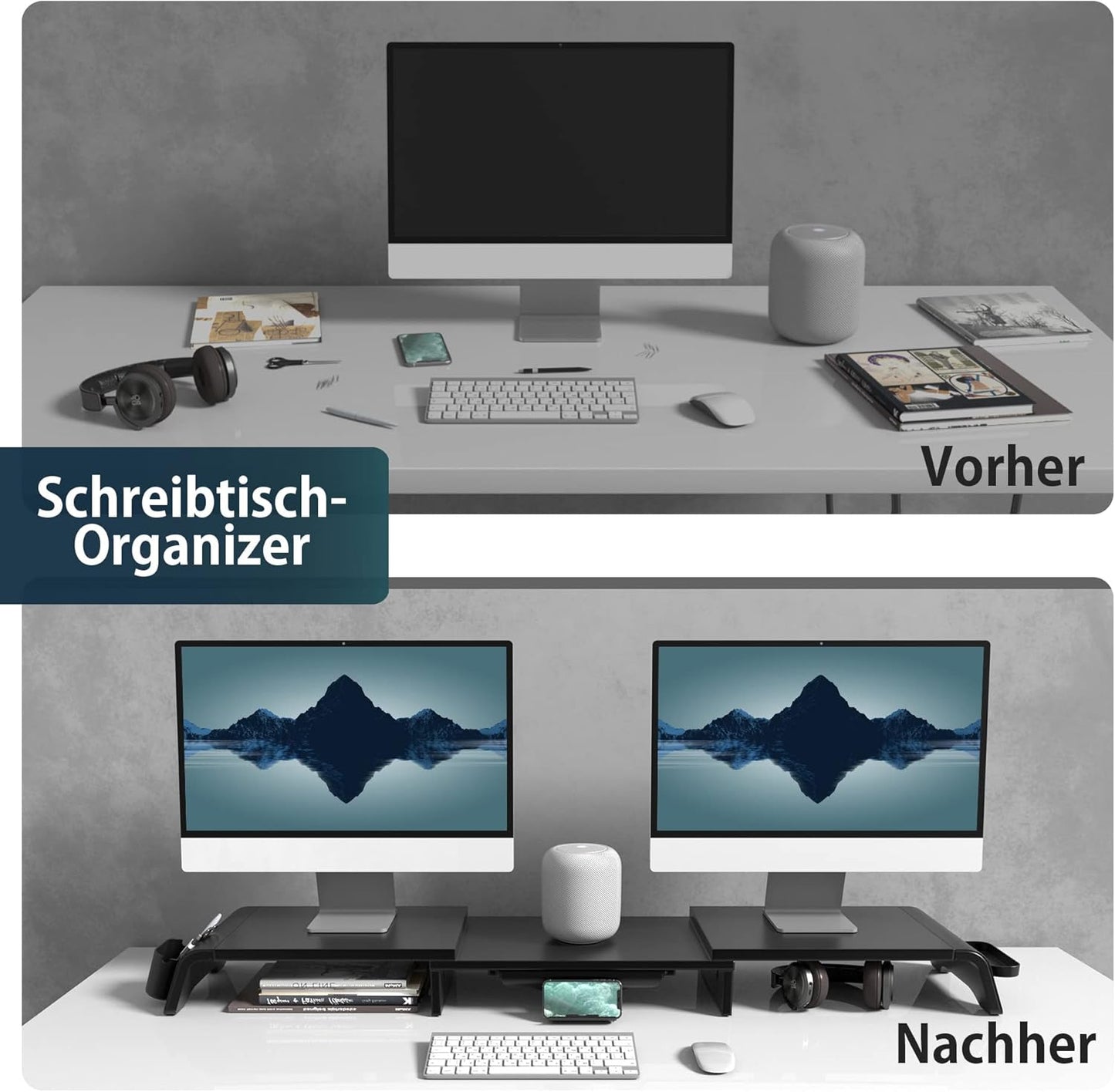 Dual Monitorständer mit Schublade und Handyhalter, 75-119 x 23,5 x 8,9 cm Schwarz