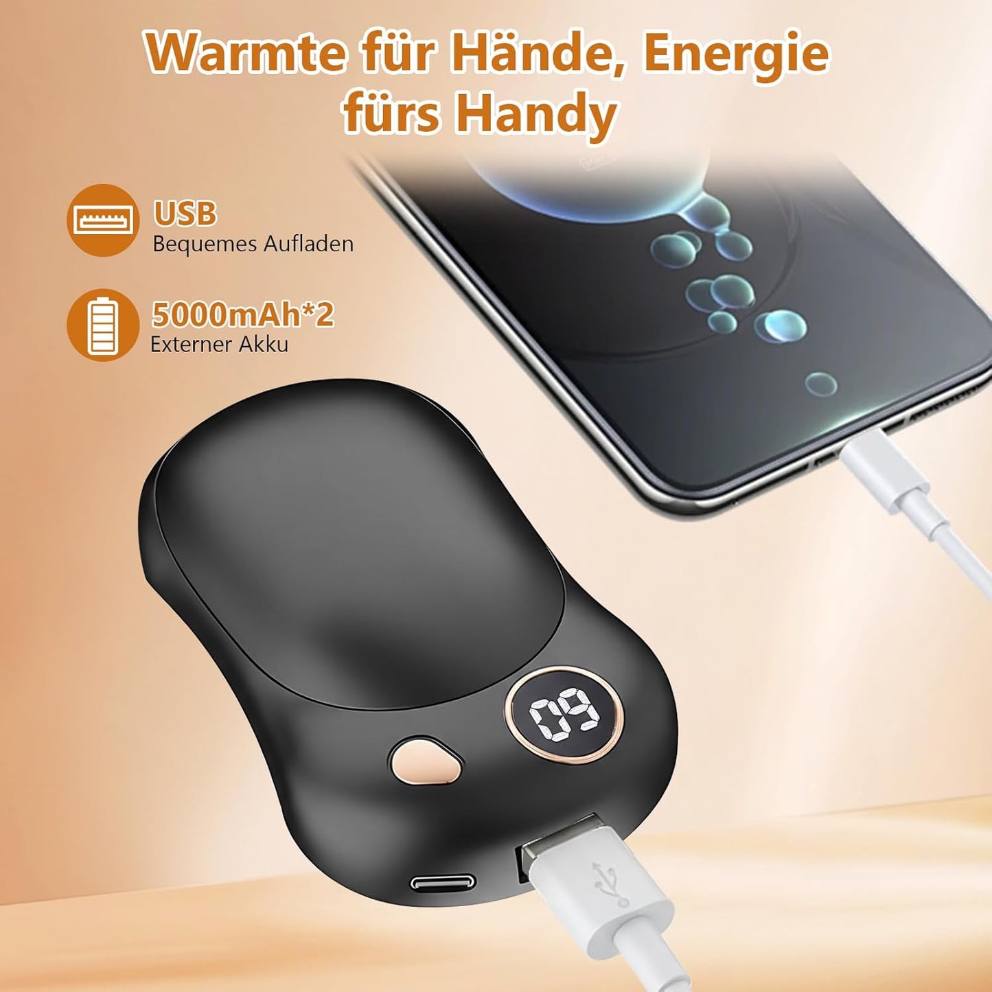 Elektrische Handwärmer, 2er Set, wiederaufladbar, S Schwarz