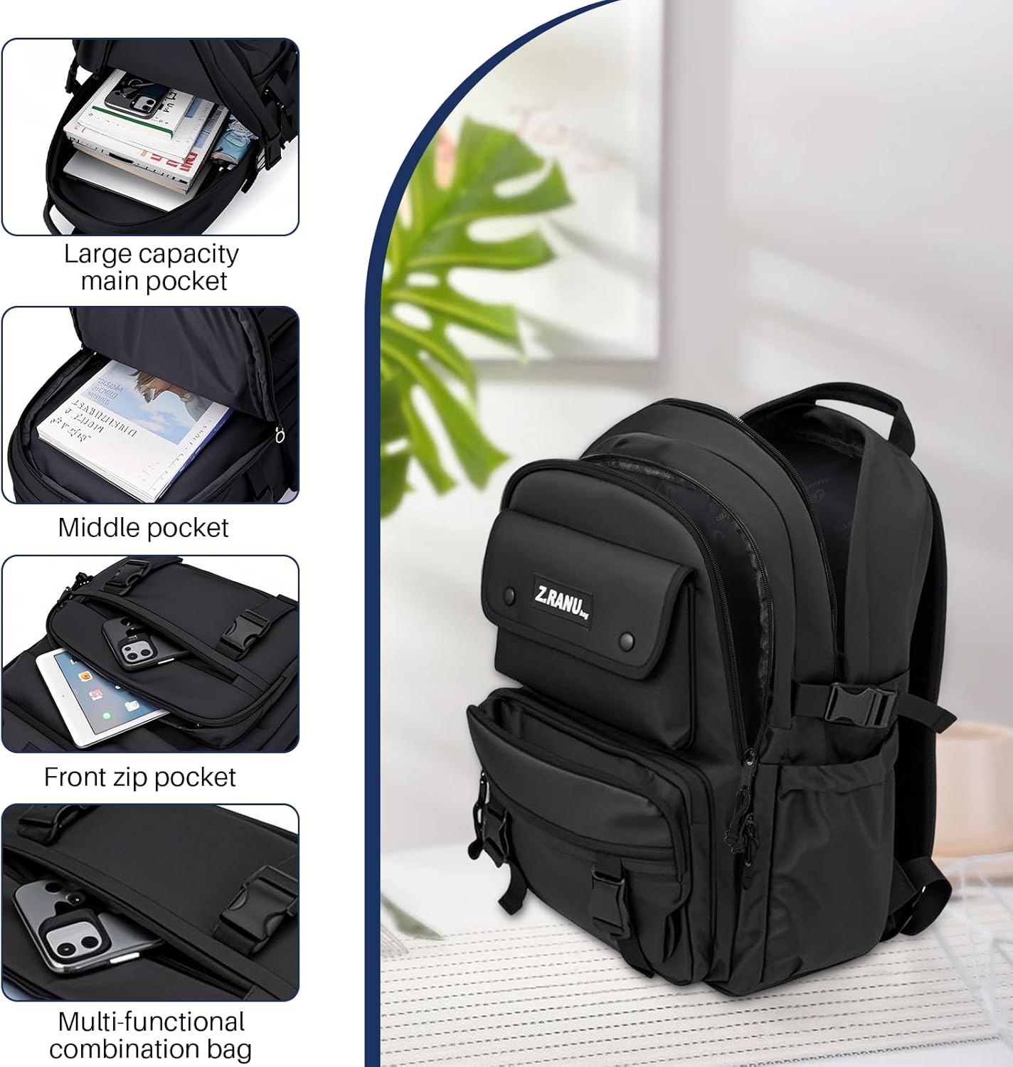 Trolley-Rucksack mit Rollen, 1286 Schwarz