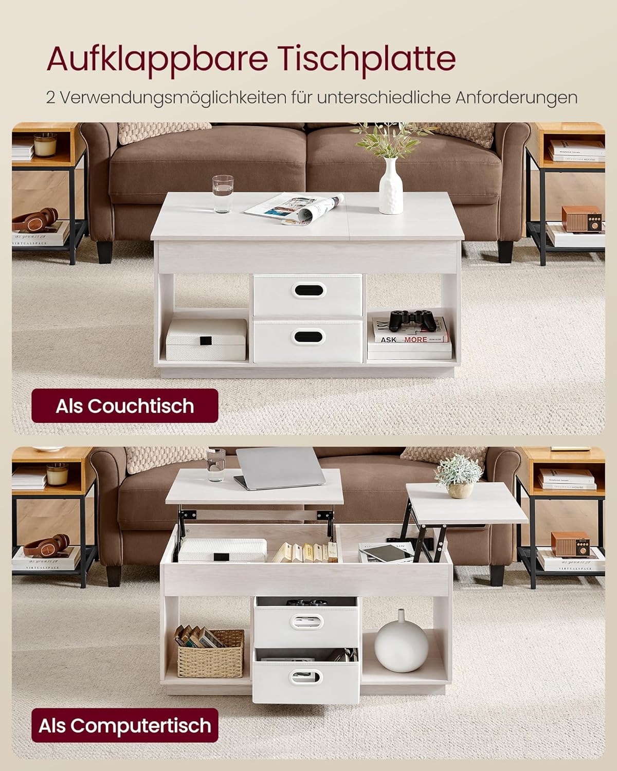 Höhenverstellbarer Couchtisch mit Stauraum, Haferflockenbeige