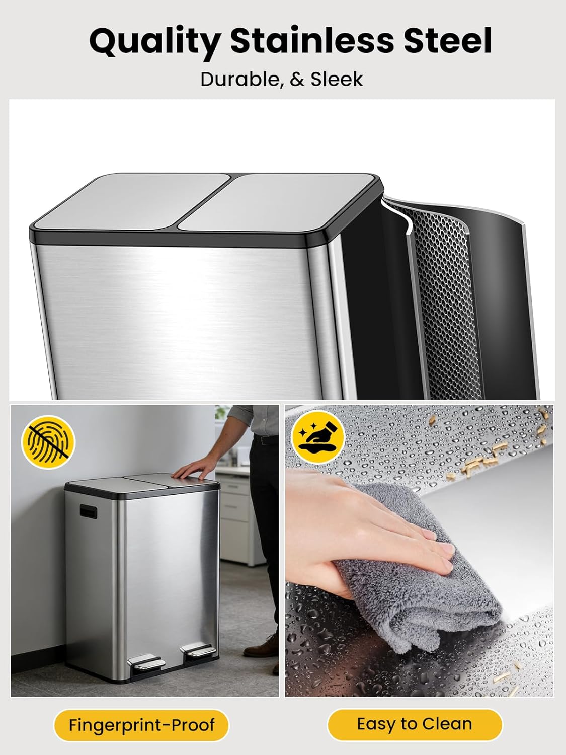 Doppeltreteimer mit Müllbeutel, Edelstahl 60L