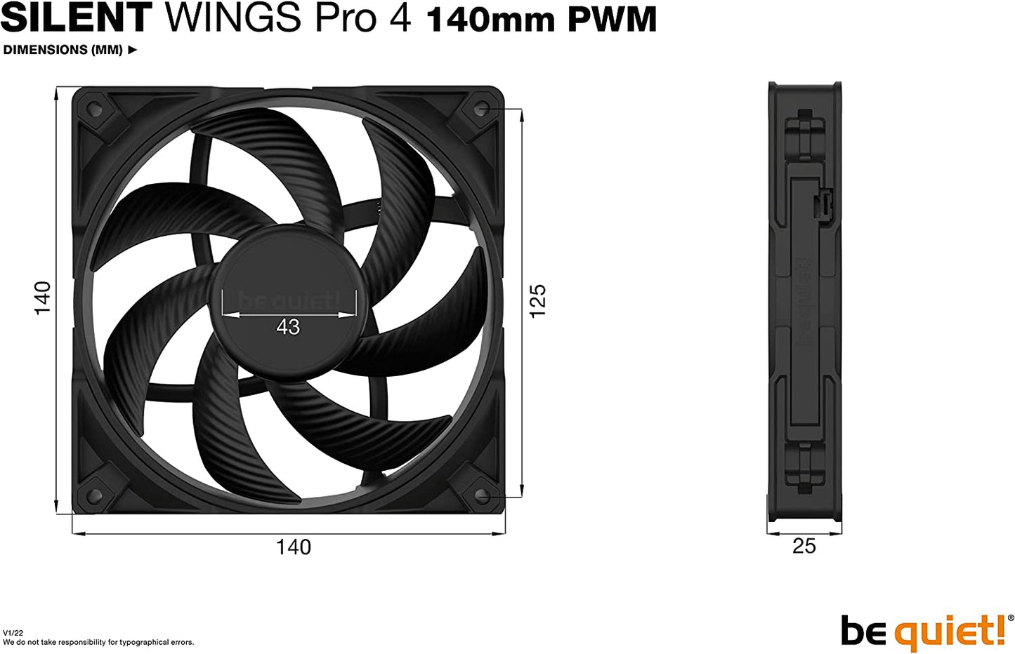 Silent Wings PRO 4 PWM 140x140x25, Gehäuselüfter, Schwarz 140mm PWM Pro