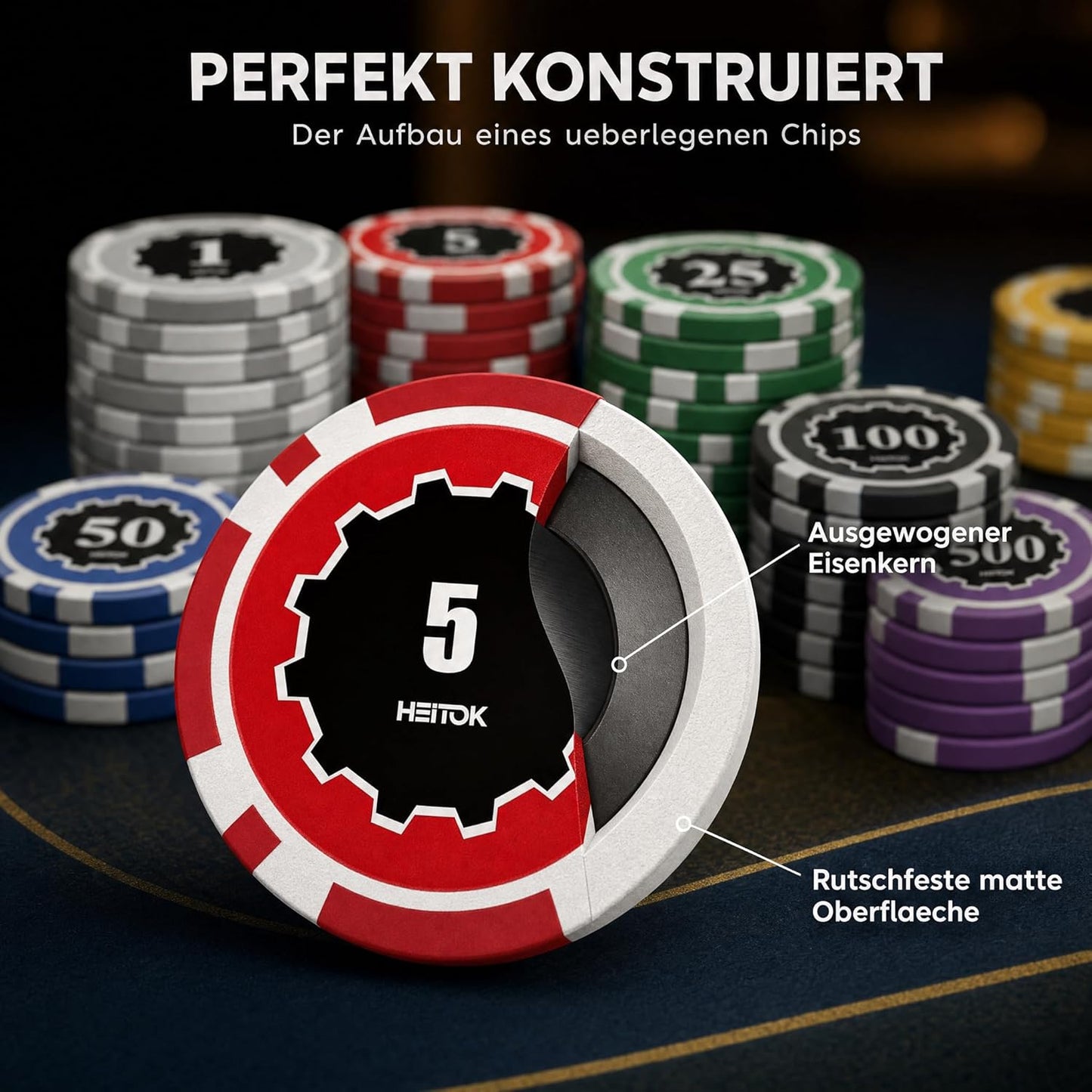 Poker Set im Alukoffer, 500 Chips mit Zahlen Alukoffer