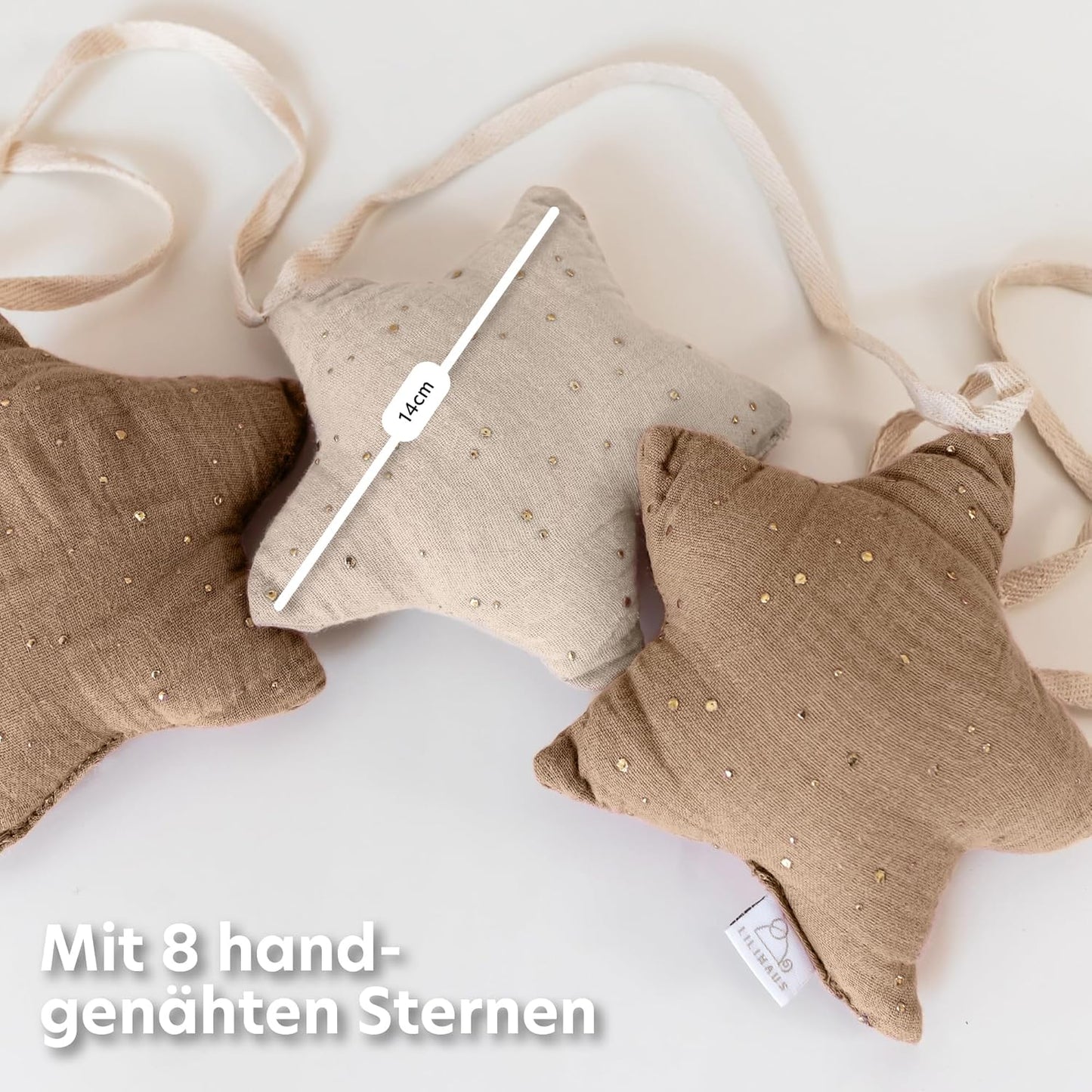 Sternenkette mit Goldapplikation, Hellbeige & Dunkelbeige Sterne mit Goldapplikation