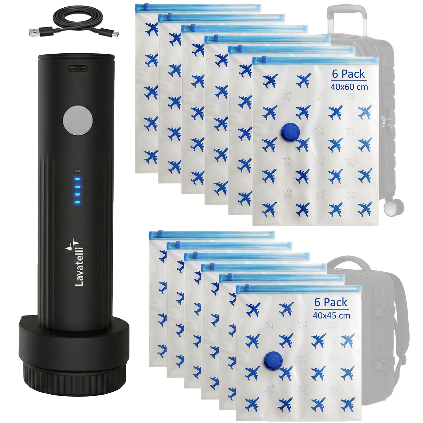 Reise-Vakuumbeutelset mit USB-C-Pumpe, Pumpe + 12 Beutel (6: 40×45 cm + 6: 40x60 cm)