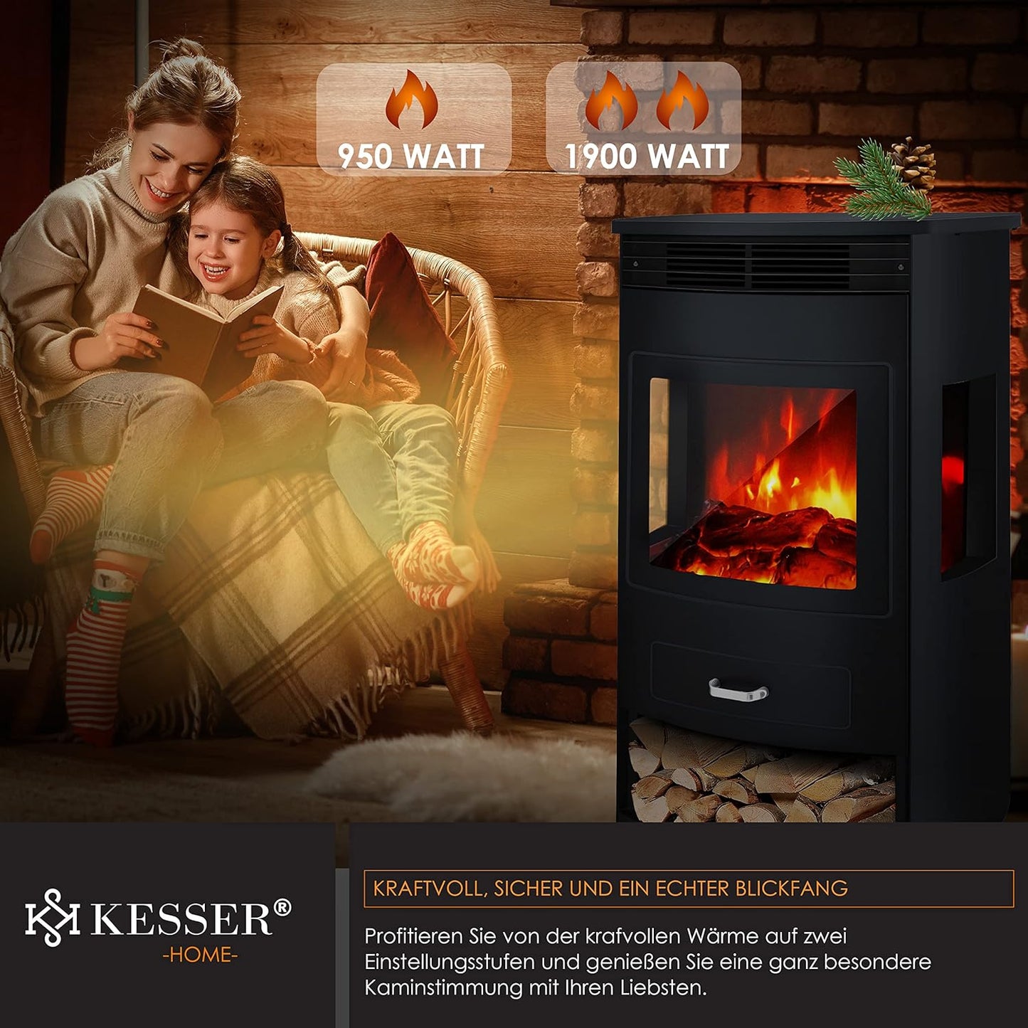 Elektrokamin Prio mit LED-Flammeneffekt und Heizlüfter, Xtra-Large Schwarz