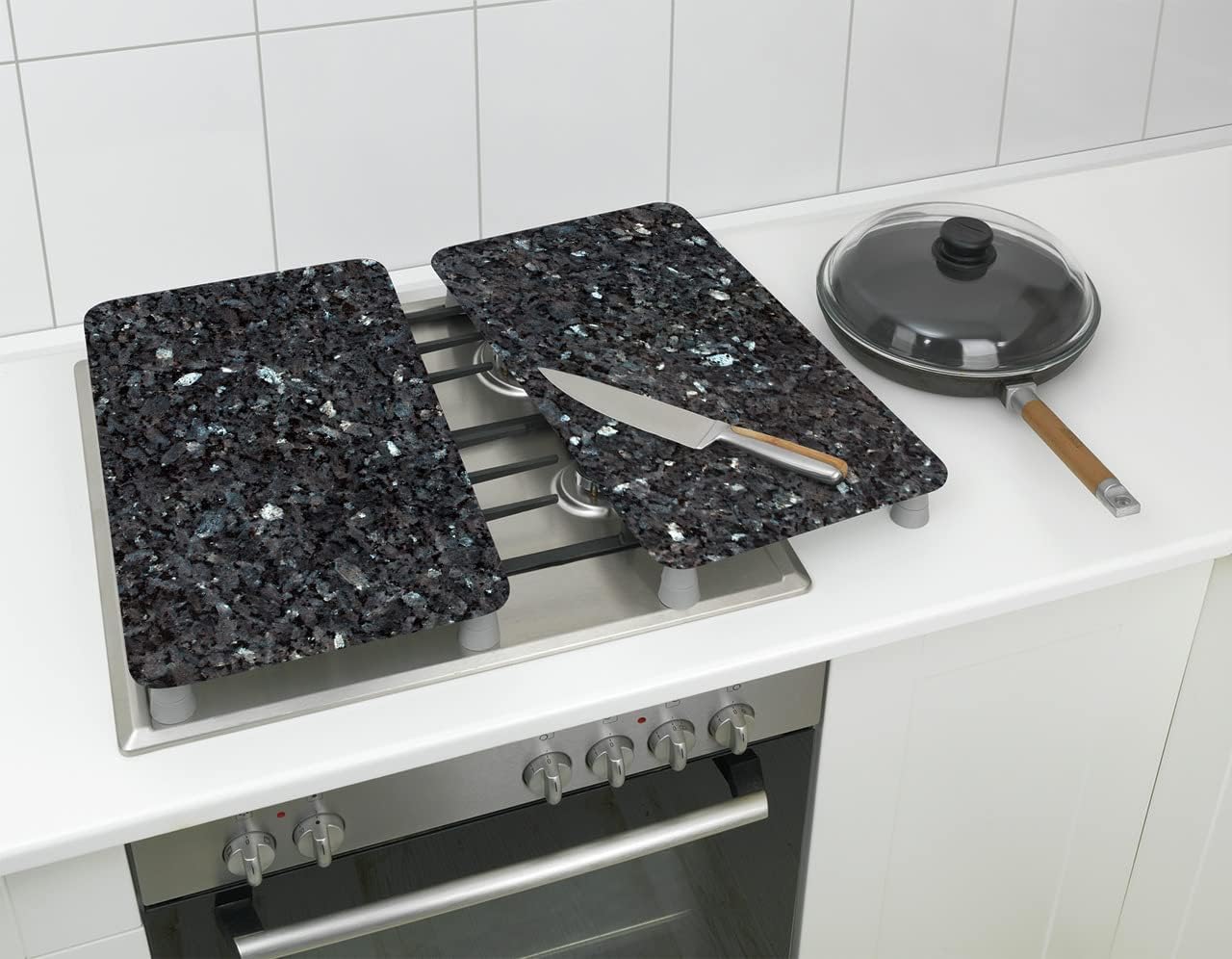 2er Herdabdeckplatten-Set aus gehärtetem Glas, 30x52cm, BLAUER MARMOR