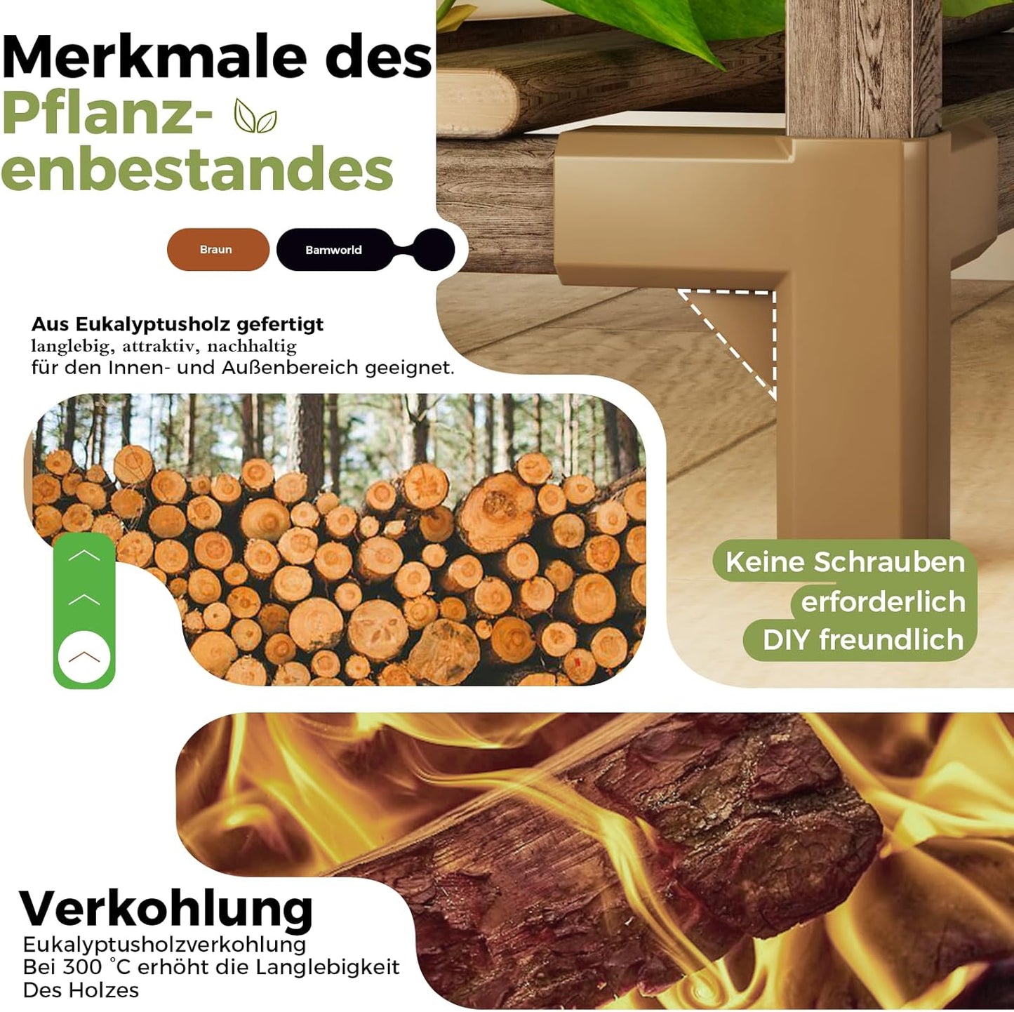 Pflanzenständer Holzregal mit Rollen (3 Ebenen, 7 Töpfe), A-Quadrat-rollen