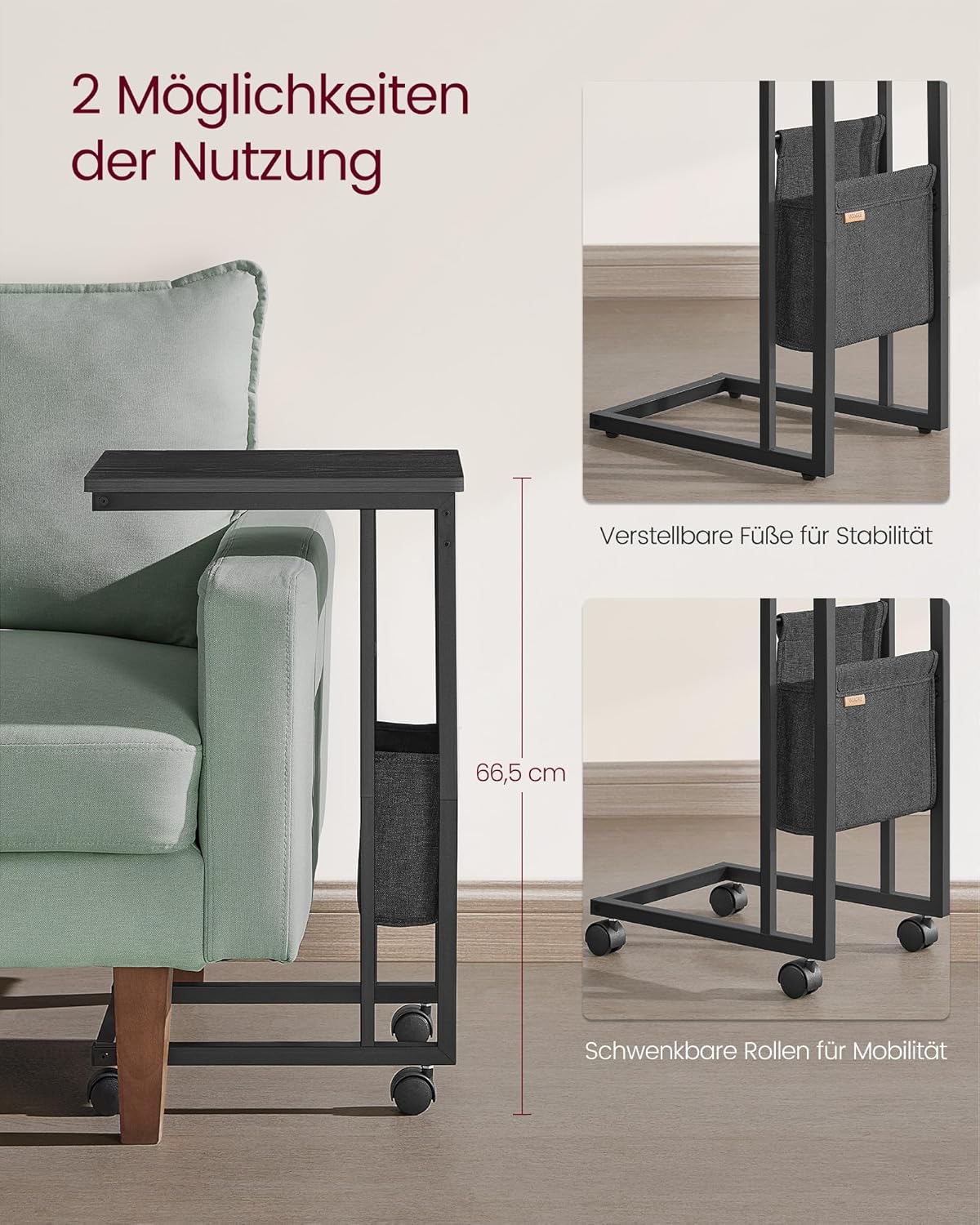 LET357B56 Beistelltisch mit Rollen, Ebenholzschwarz, Mit Rollen