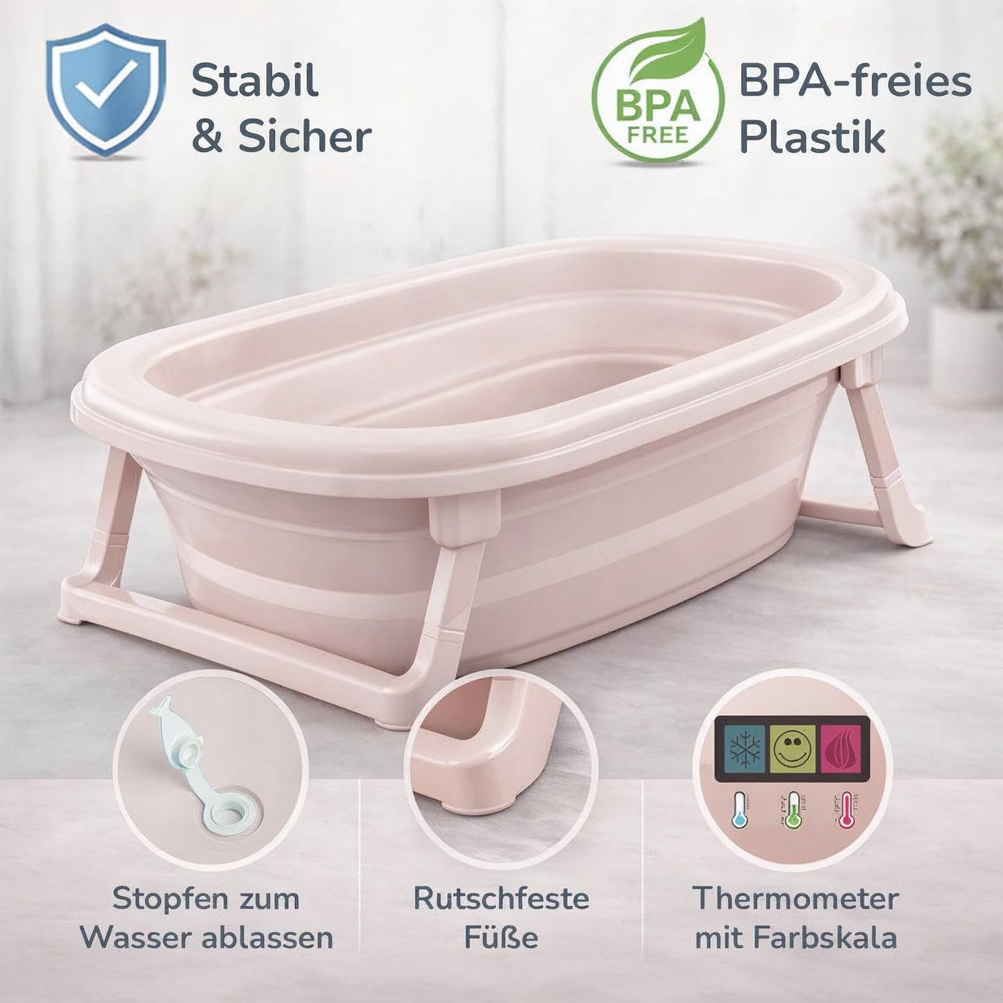 Faltbare Babybadewanne mit Abfluss & Thermometer, Peach Badewanne