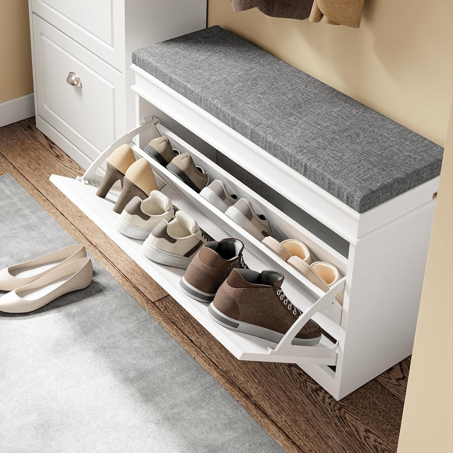 Schuhbank mit Sitzkissen und Stauraum, Lang Weiß