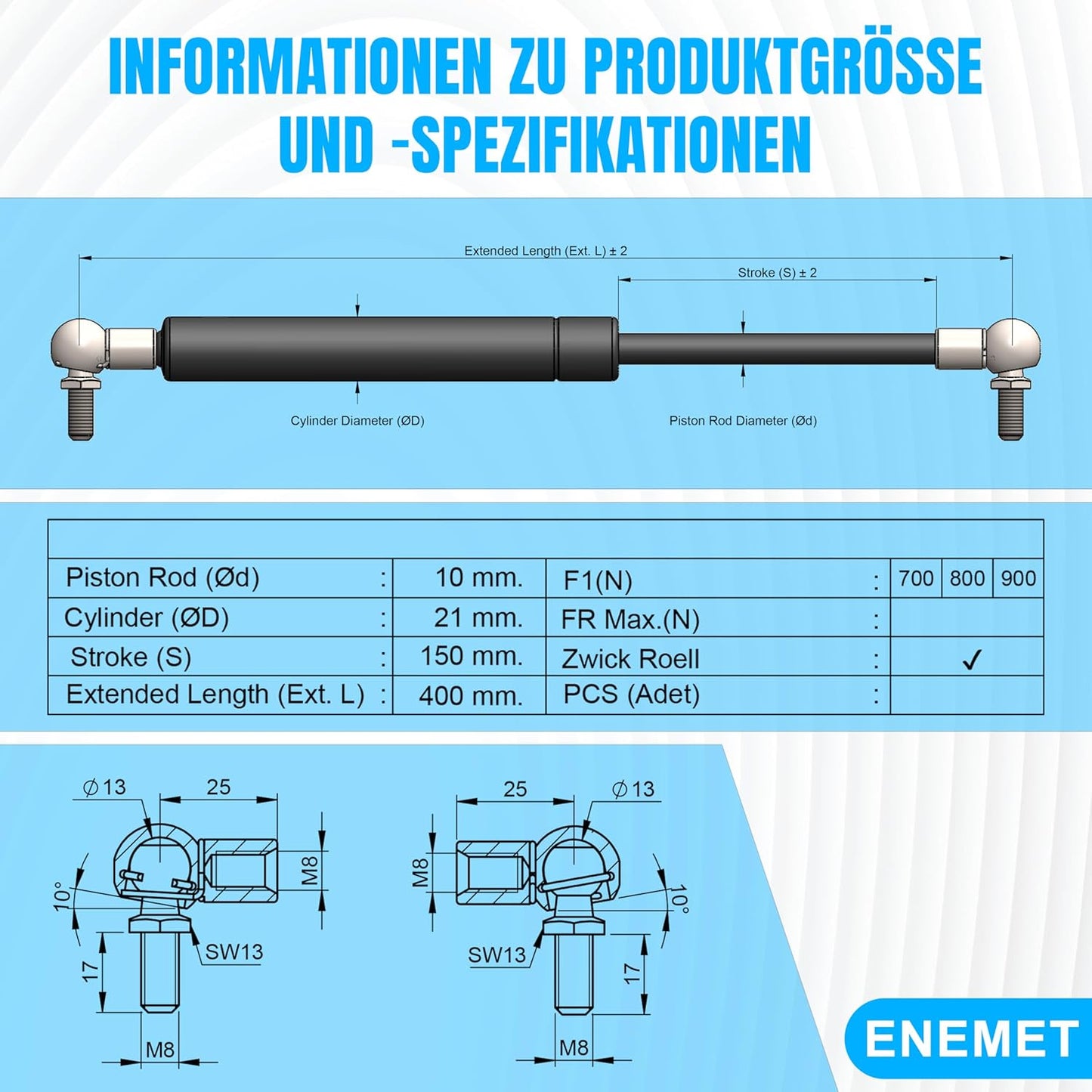 Gasdruckfeder für Türen & Autos, 400 MM 800N