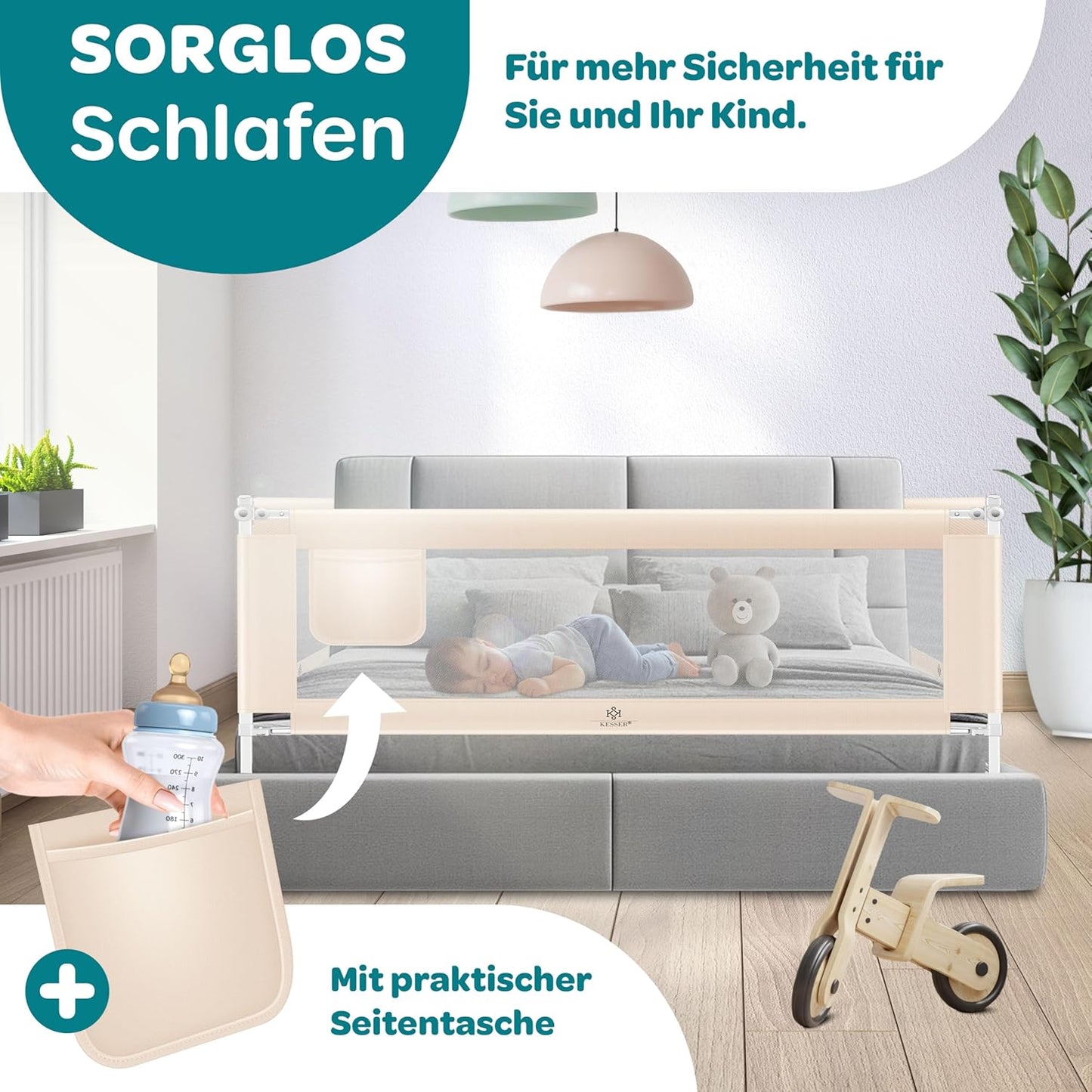 Klappbares Bettschutzgitter mit Tasche, 180cm Beige