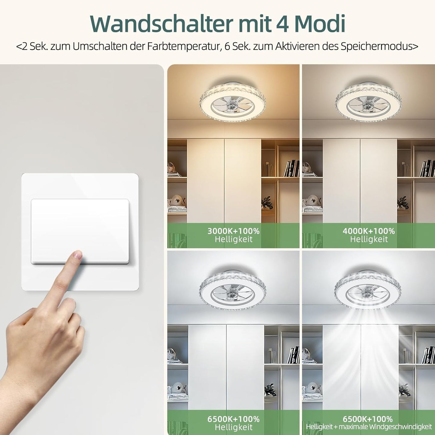 Dimmbarer Kristall-Deckenventilator mit Beleuchtung, Weiss 1 (3cct+rgb) 43.5 cm
