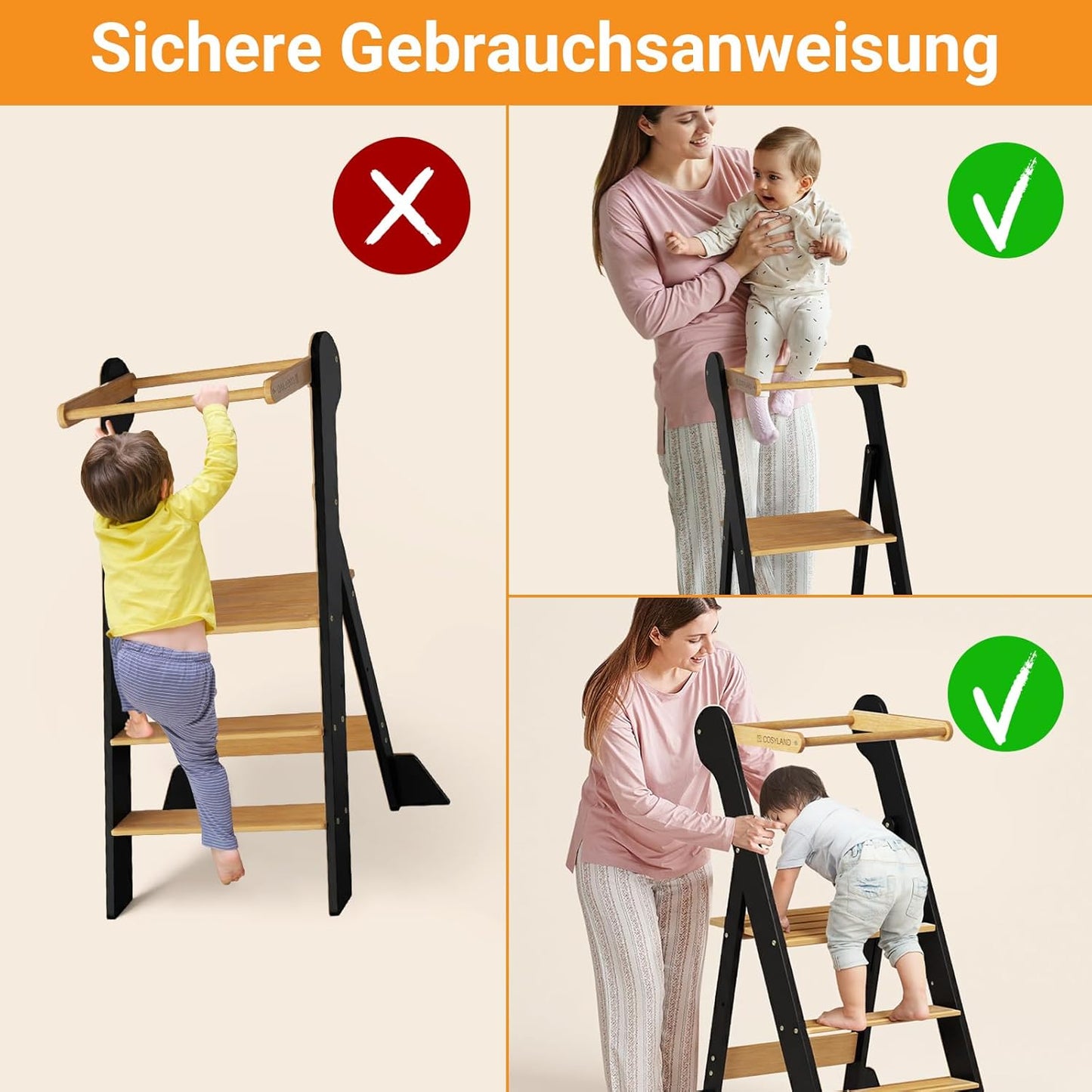 Montessori Lernturm klappbar und höhenverstellbar, L Schwarz & Natur