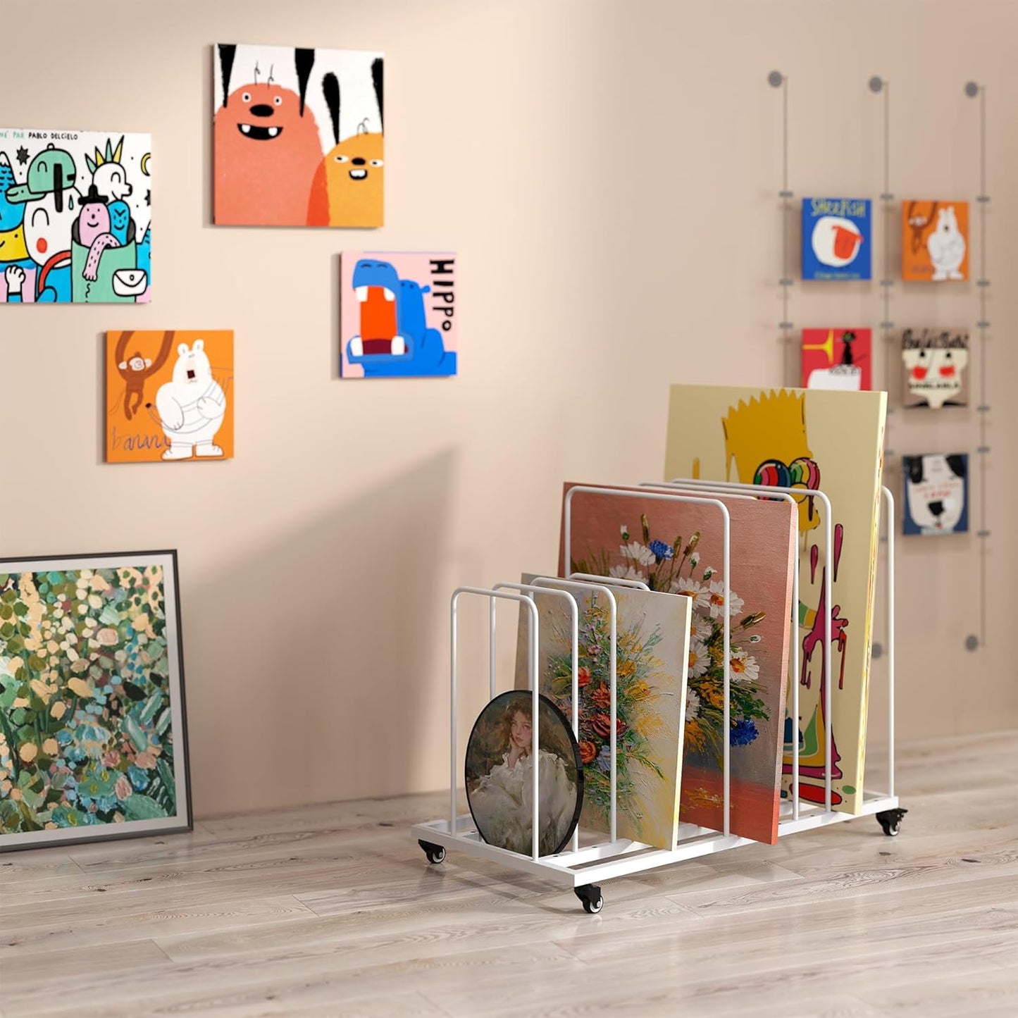 Mobiles Kunst-Trockenregal mit Rädern und Bremse, Weiss