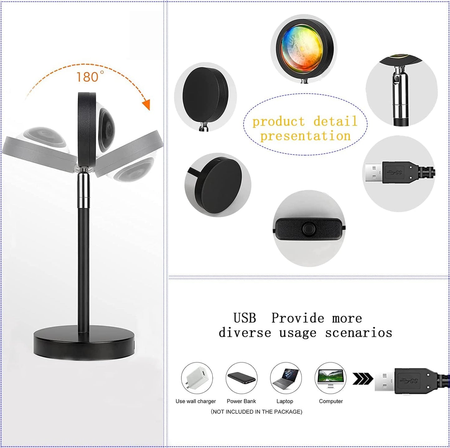 Höhenverstellbare LED-Sunset-Projektionslampe, Gelb