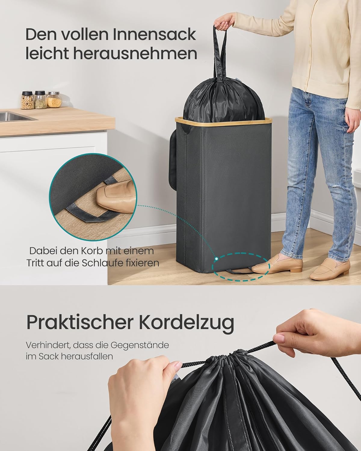 Pfandflaschen-Sammelbehälter mit Innensack, Schiefergrau + Naturbeige 95 L