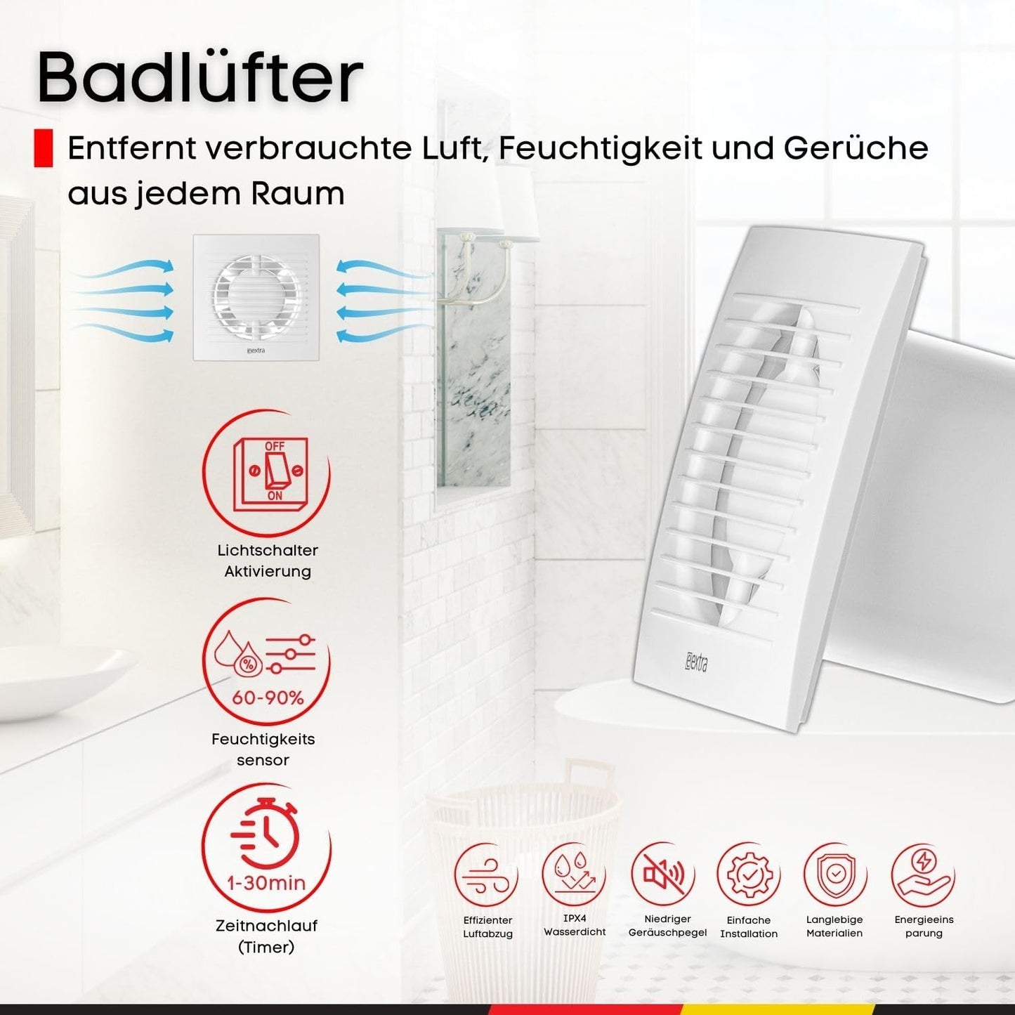 Badlüfter 100mm mit Feuchtigkeitssensor & Timer, Ø 100mm Weiss