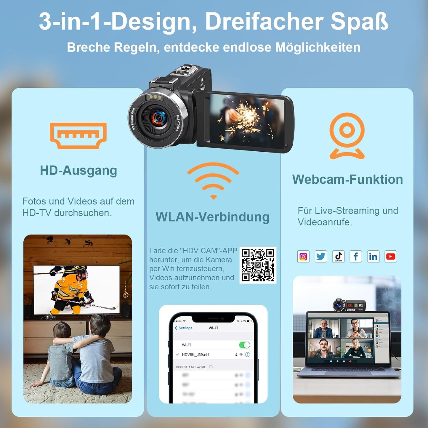 8K Vlogging Camcorder mit Nachtsicht, Mikrofon, Stabilisator und Fernbedienung, Tiefschwarz