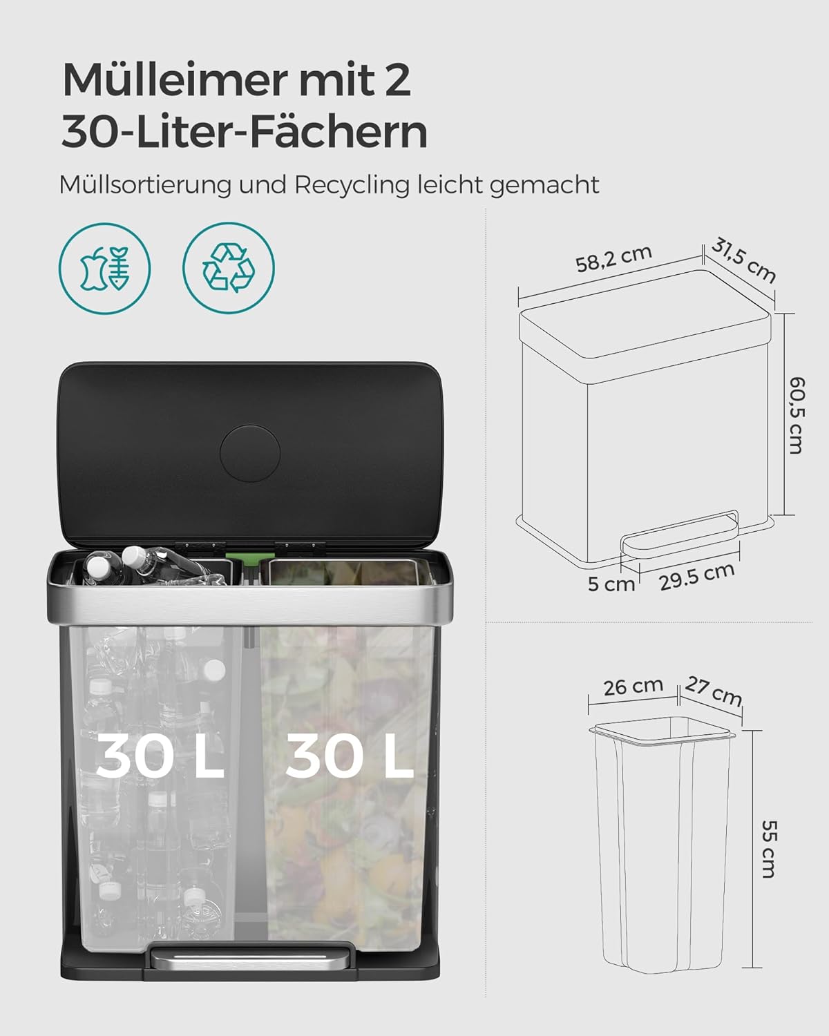 Softclose Mülltrennsystem 2 x 30 Liter, Rabenschwarz