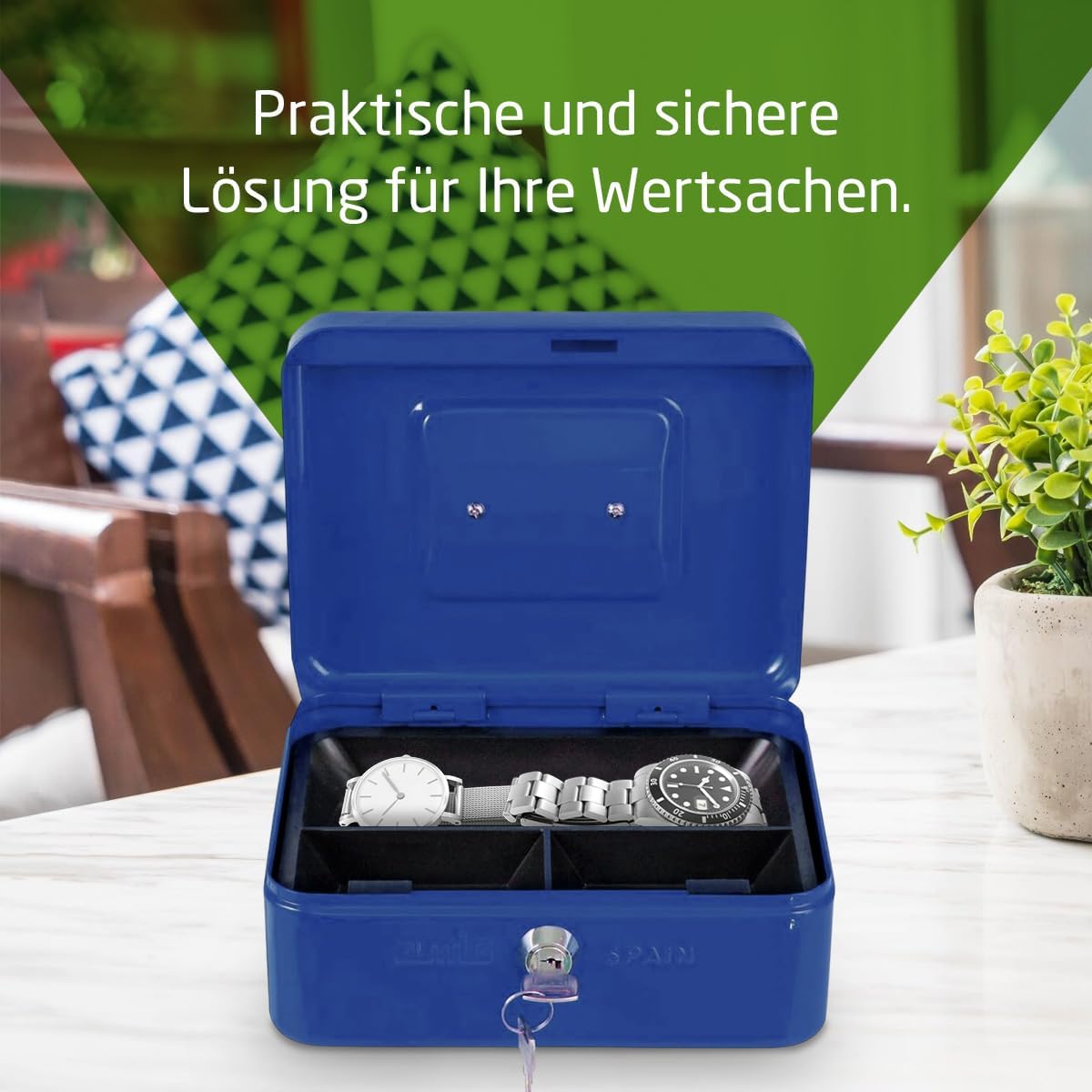 Sichere Geldkassette mit Münzfach und Schlüsseln, Blau 150 x 110 x 70 mm
