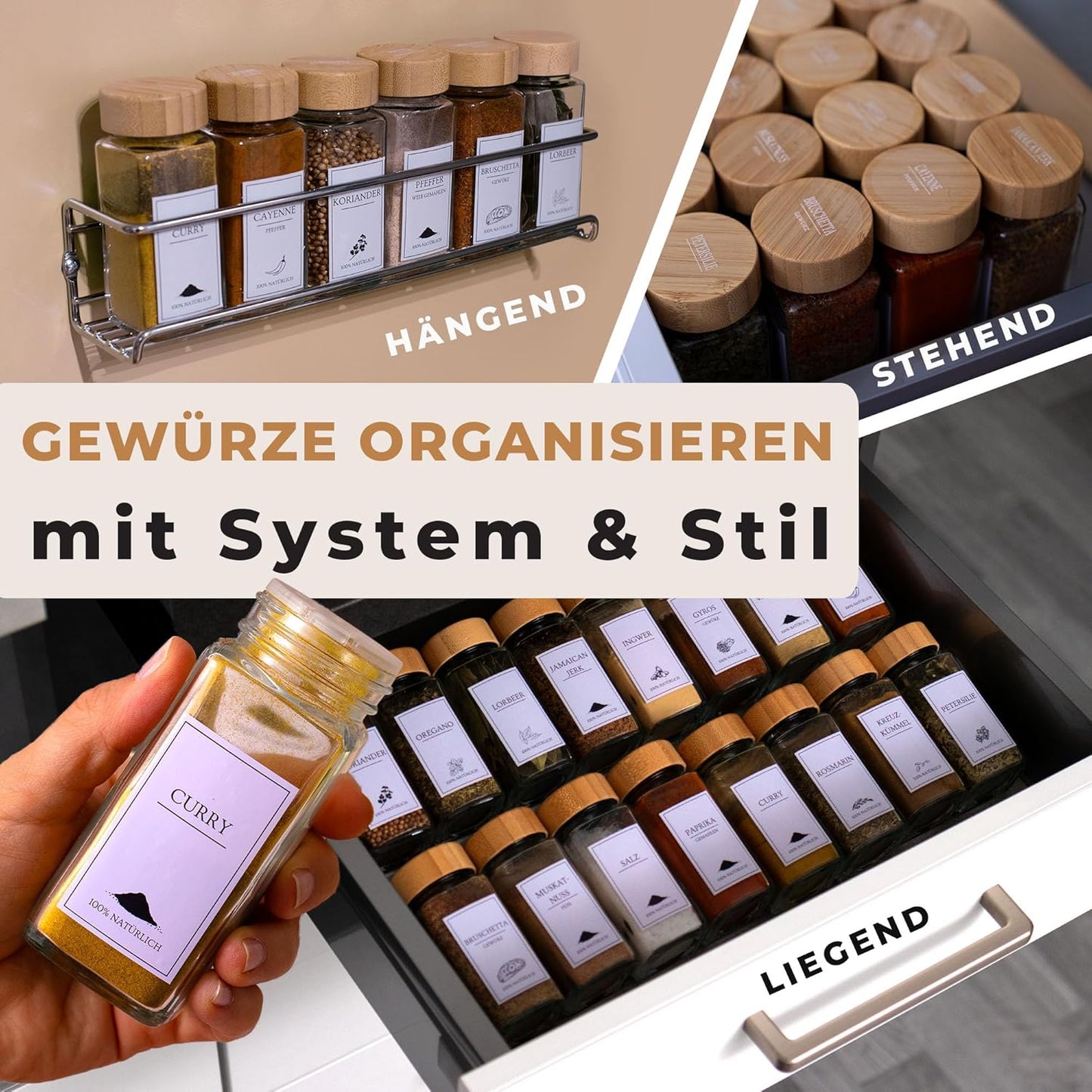 Gewürzgläser-Set, Bambus