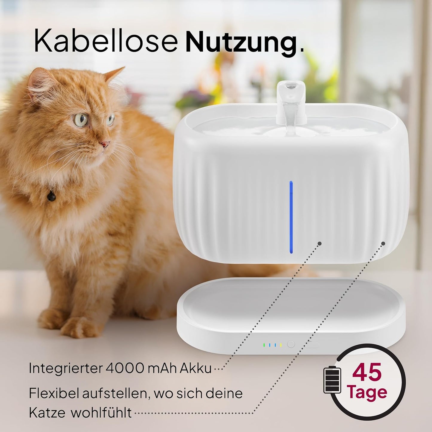 Kabelloser Katzentrinkbrunnen mit Bewegungssensor, 3L, Weiss 3L