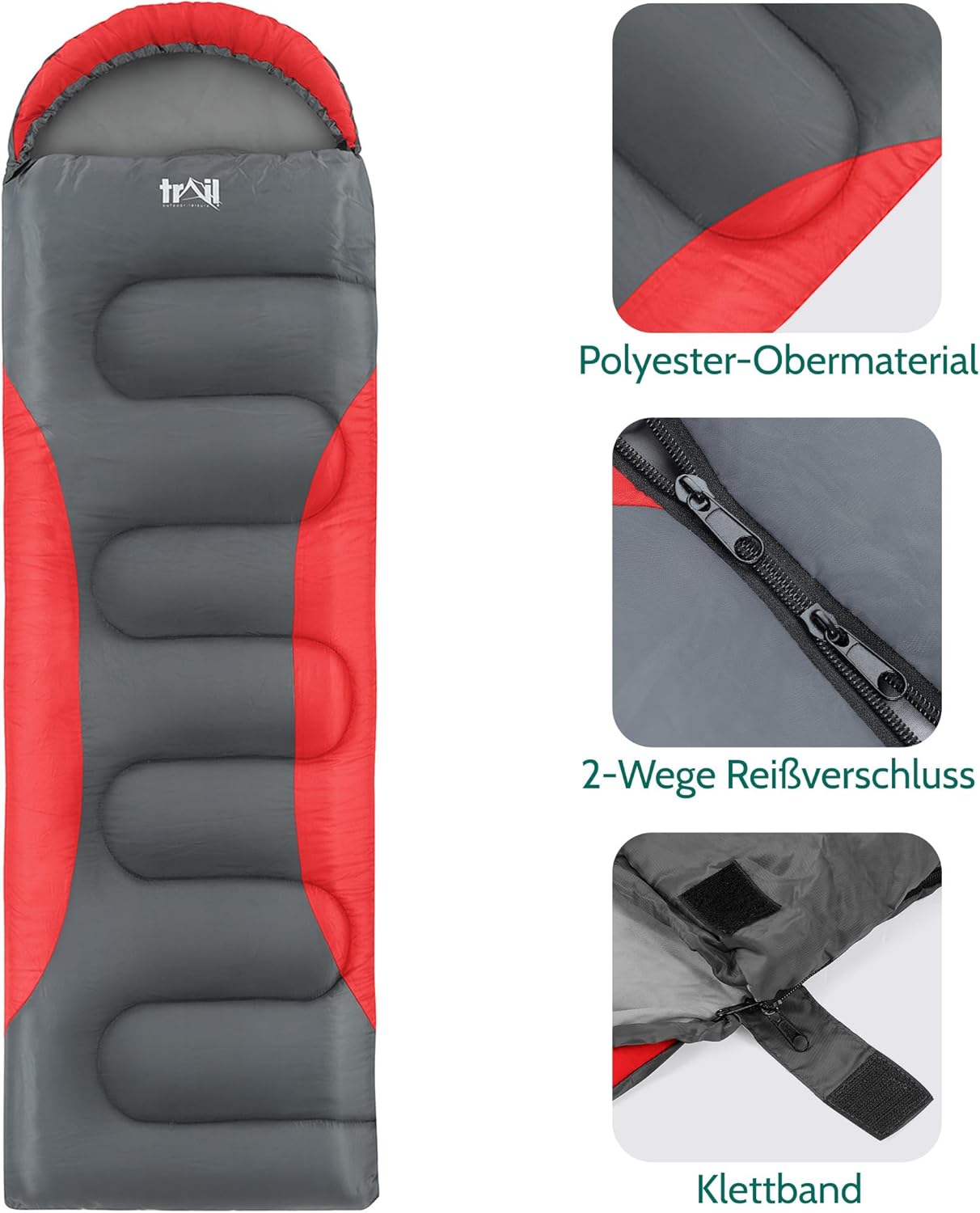 Trail-Alpin-Schlafsack mit Kapuze und Kompressionssack, Rot - 3 Jahreszeiten