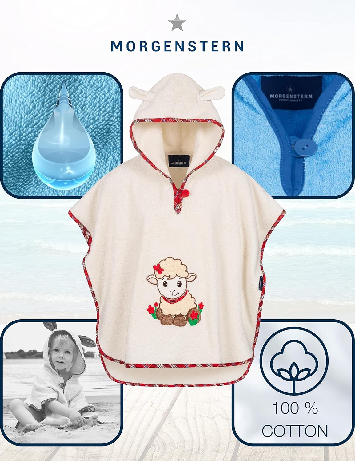 Badeponcho mit Kapuze, 1-3 Jahre Schaf-Beige