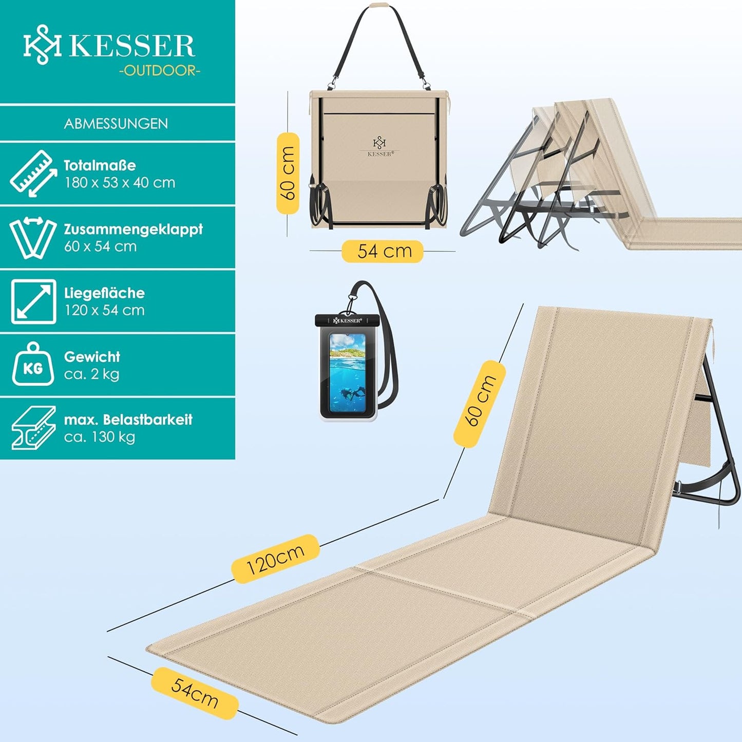 Klappbare Strandmatte mit Rücklehne und Tasche, 1 Stück Beige