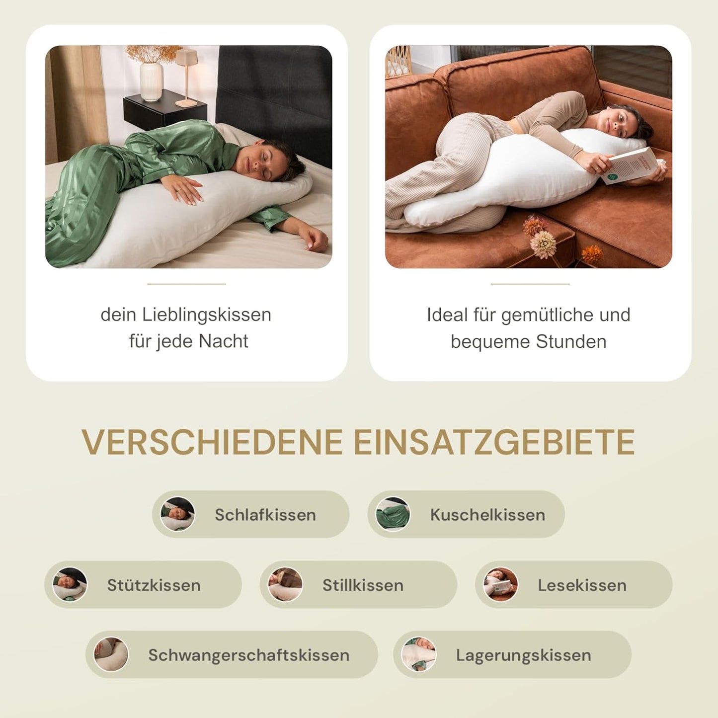 Ergonomisches Seitenschläferkissen, individuell befüllbar, Weiss Kissen + Bezug