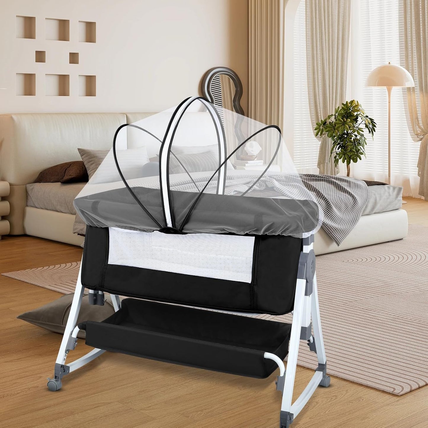 Höhenverstellbares Baby-Beistellbett mit Rollen, 80 X 40 X 100–116 Cm (6 Schwarze Steine)