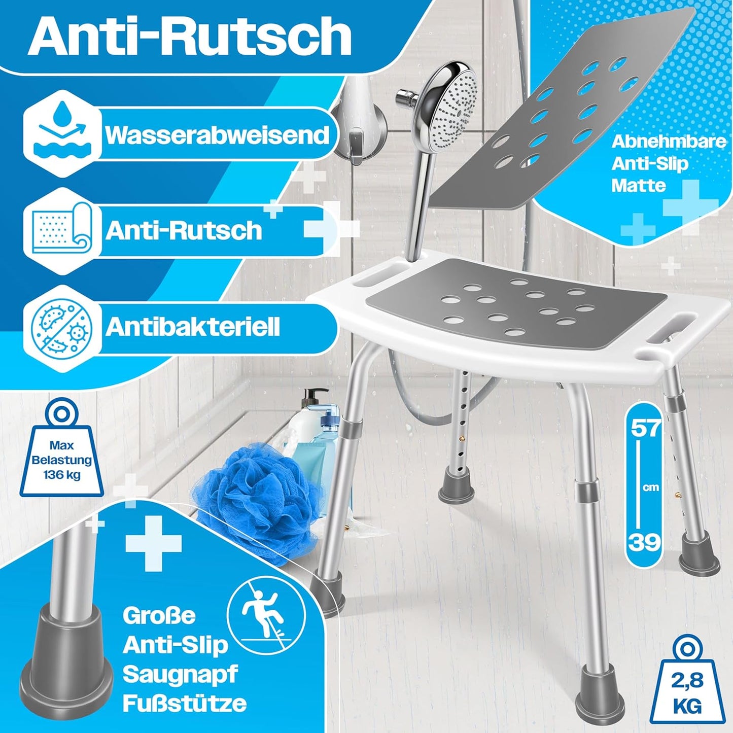 Höhenverstellbarer Duschhocker mit Haltegriff, Weiß / Grau