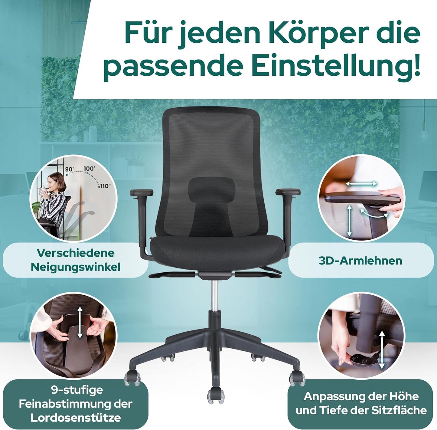 Ergonomischer Bürostuhl mit Lordosenstütze, Schwarz, Ohne Kopfstütze