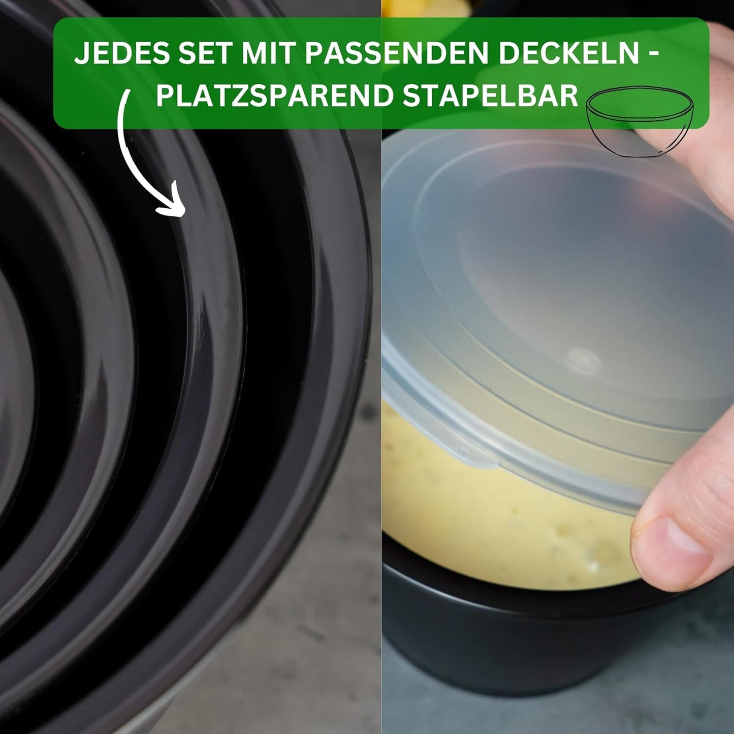 Salatschüssel-Set mit Deckeln (6-teilig), Salat- & Rührschüssel Schwarz 6-teilig mit Deckel