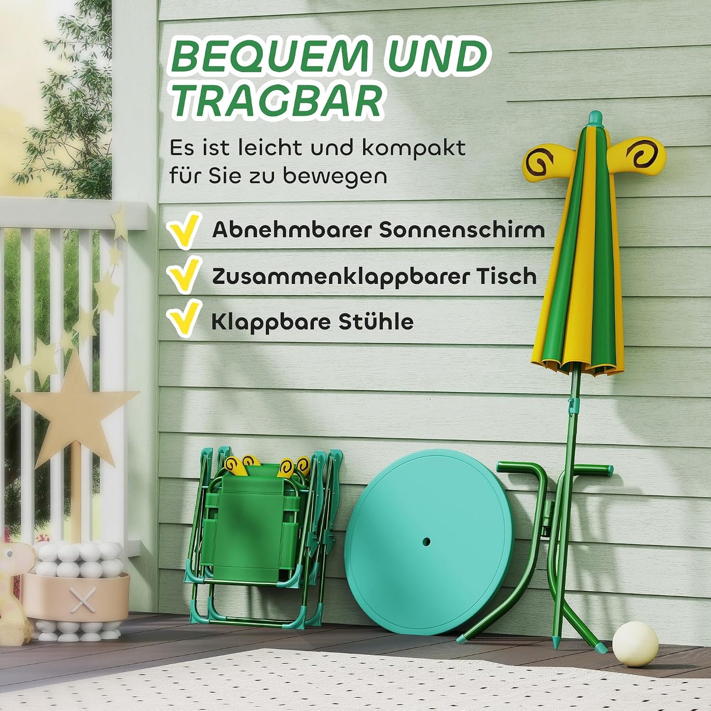 Kindersitzgruppe mit Tisch und Klappstühlen, Dunkelgrün-bienenmuster