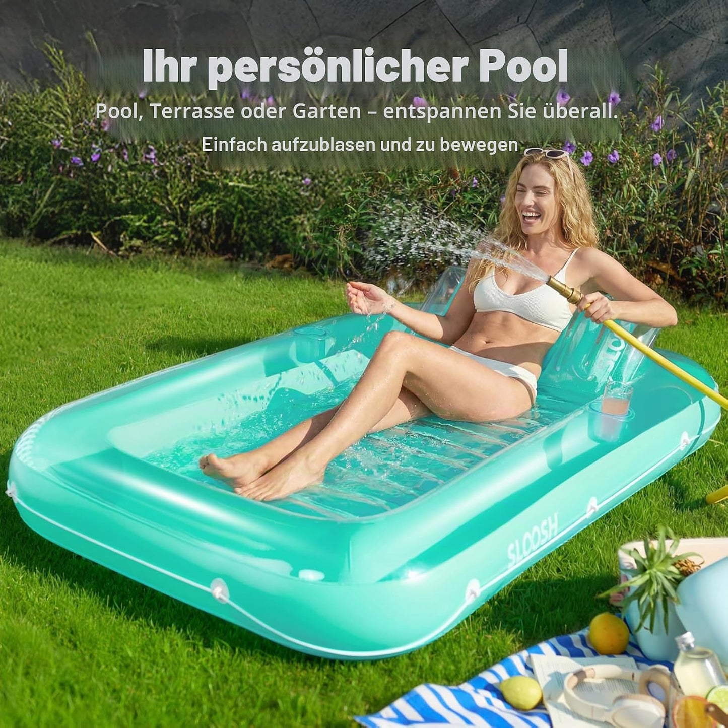 Aufblasbarer Sonnenpool mit abnehmbarem Kissen und Getränkehalter, Cyan L