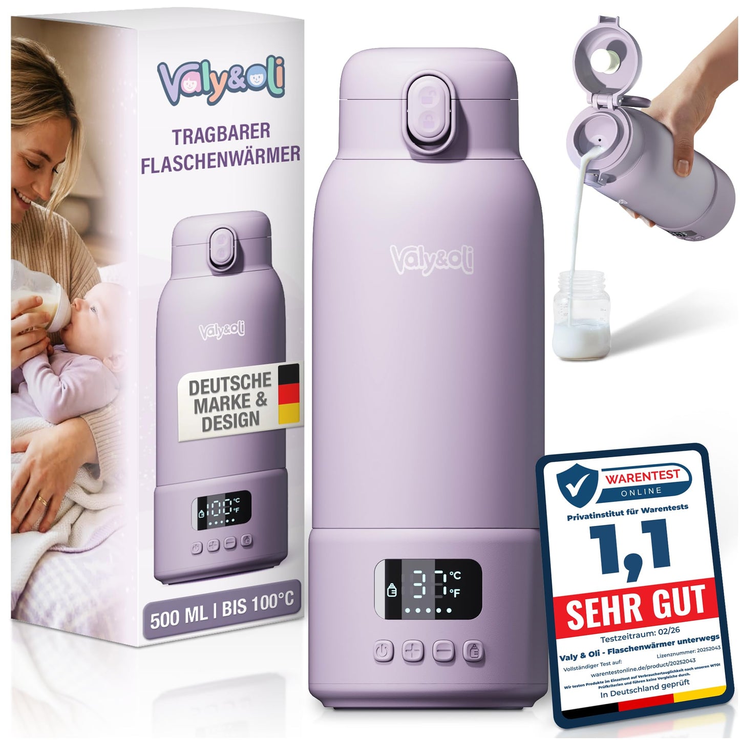 Tragbarer Babyflaschenwärmer mit Akku 16.000mAh, Lavendel-Lila