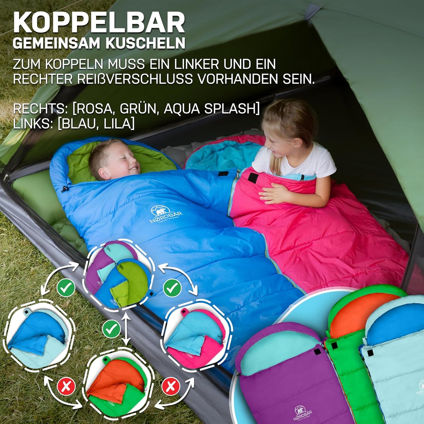 Kinderschlafsack Mumienschlafsack bis 145 cm, Rosa/Eisblau