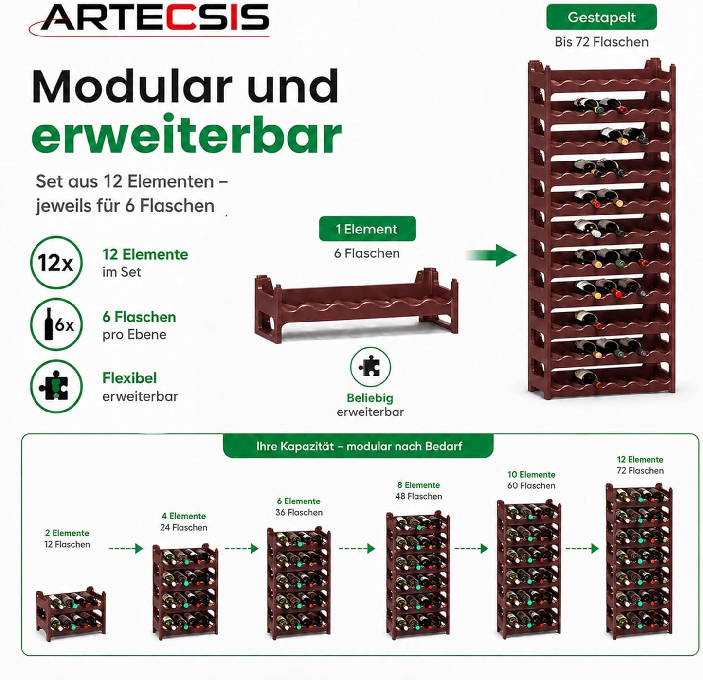 Modulares Weinregal für 24 Flaschen, Braun 24 Flaschen