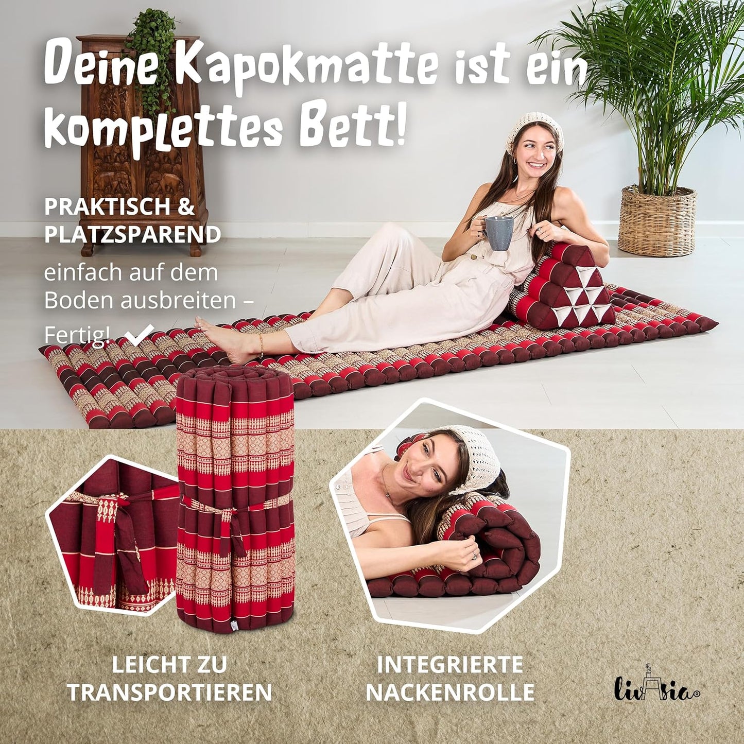 Rollmatratze für Gäste und Reisen (200x110x4,5cm), M (200 x 75 cm) Rubinrot