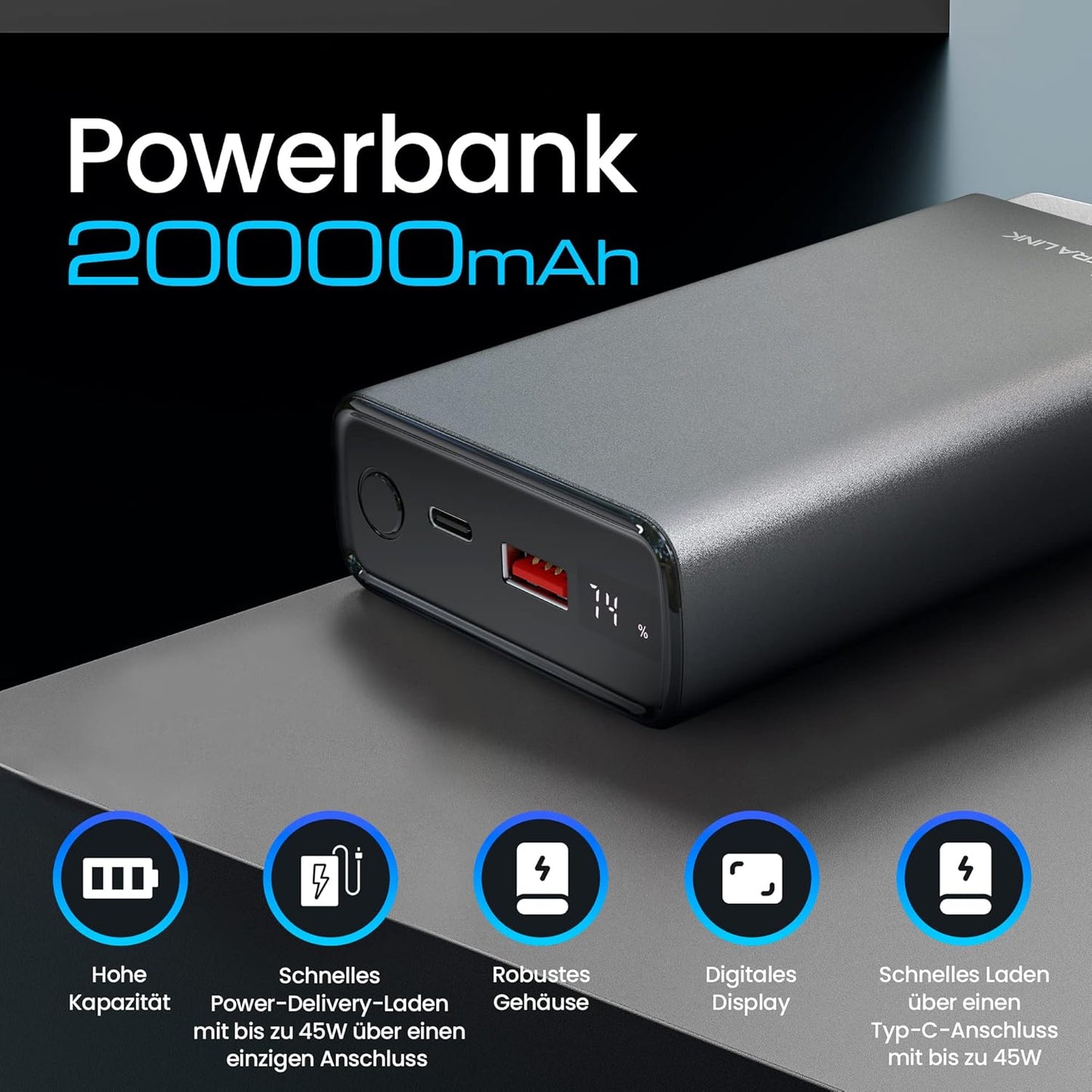Powerbank mit Schnellladefunktion, 20000mAh/45W/Silber