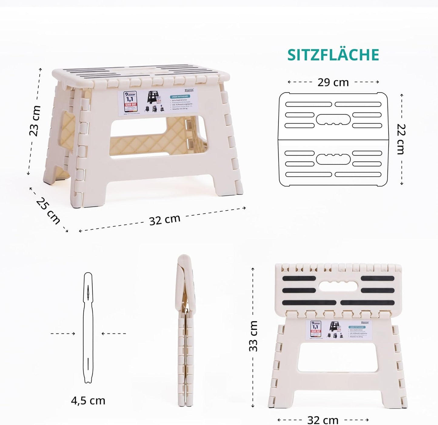 Klappbarer Tritthocker mit Aufhängehaken & Aufbewahrungstasche, Weiss/Beige 22cm Hoch